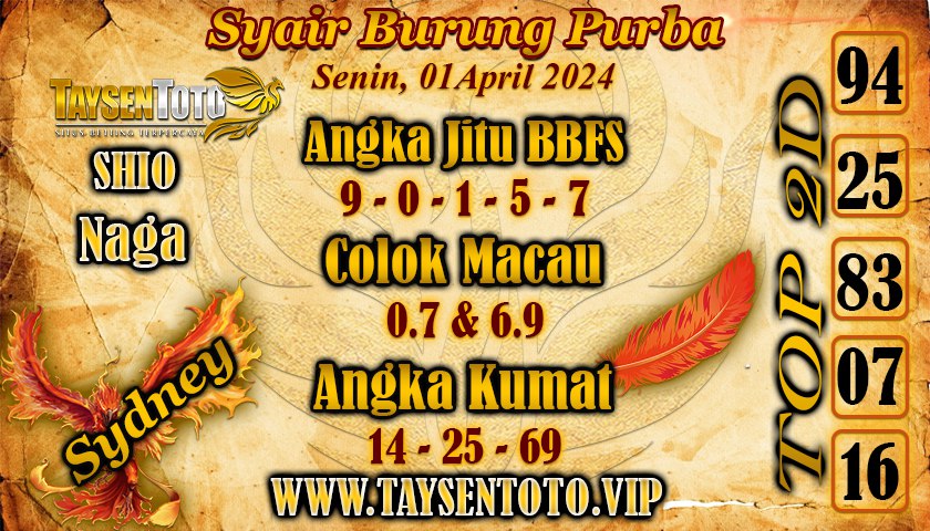 Syair Burung Purba Sydney Hari ini 01 April 2024