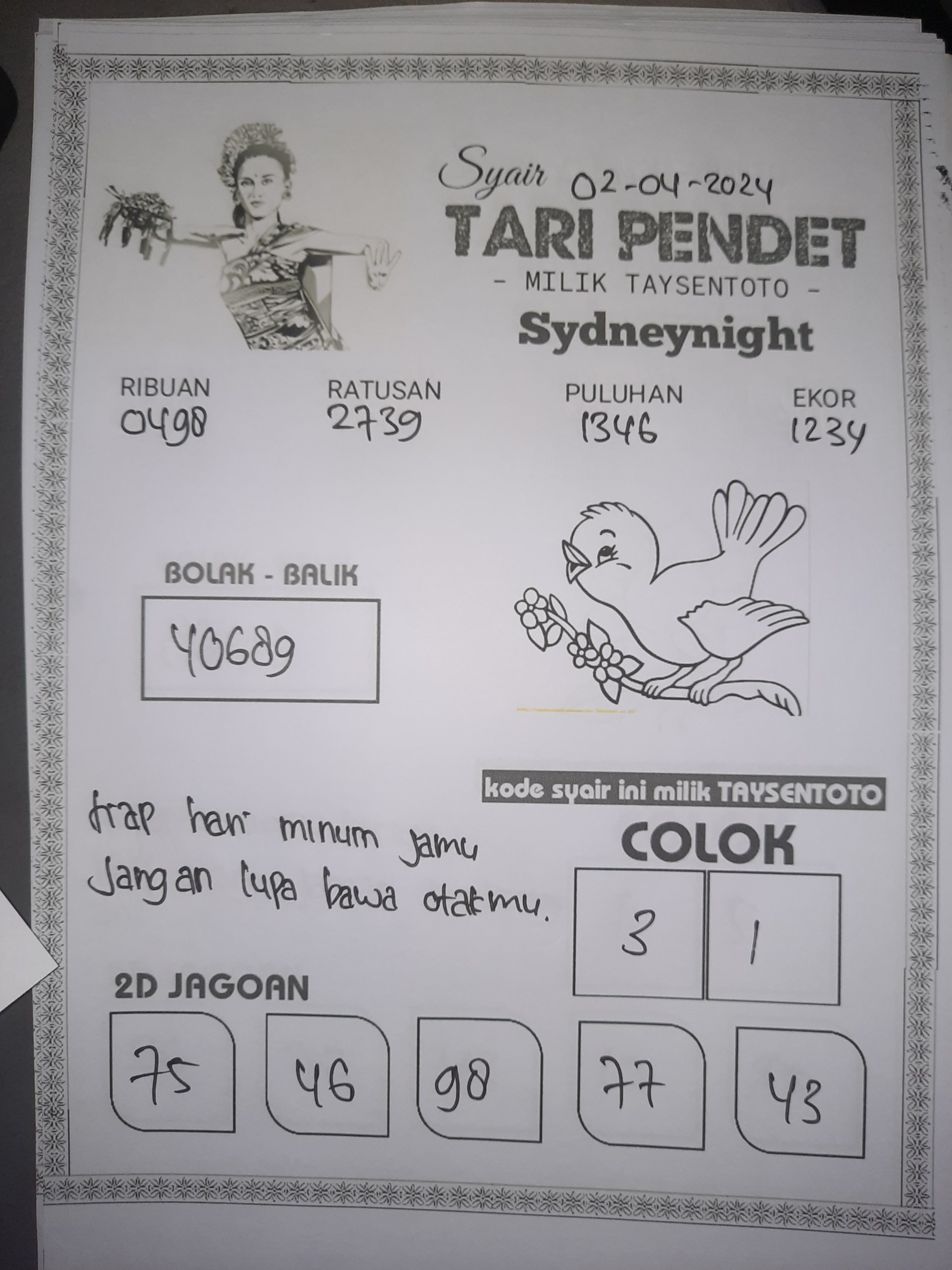 Syair Tari Pendet Sydney Night Hari ini 02 April 2024