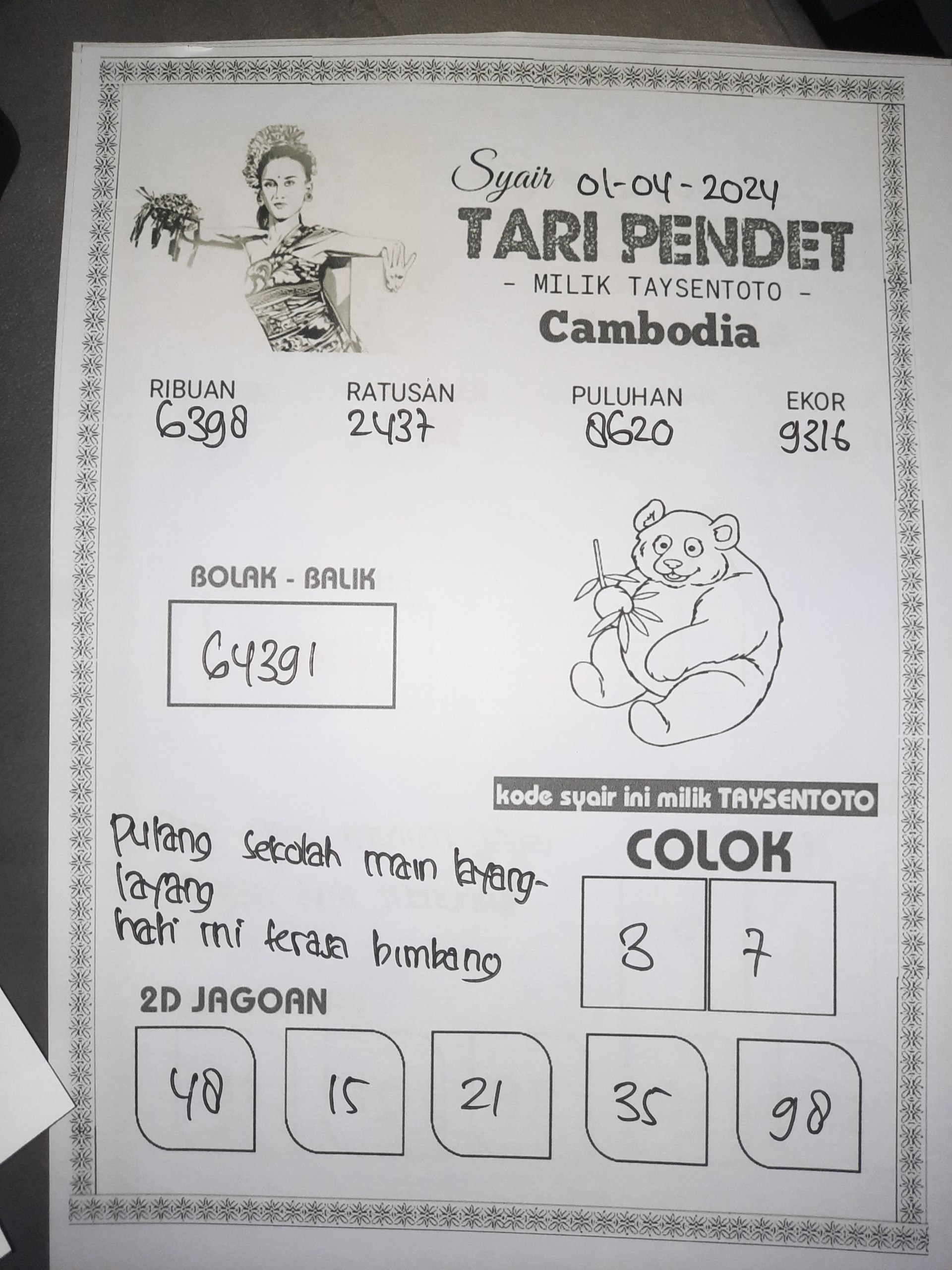 Syair Togel Tari Pendet Cambodia Hari ini 01 April 2024