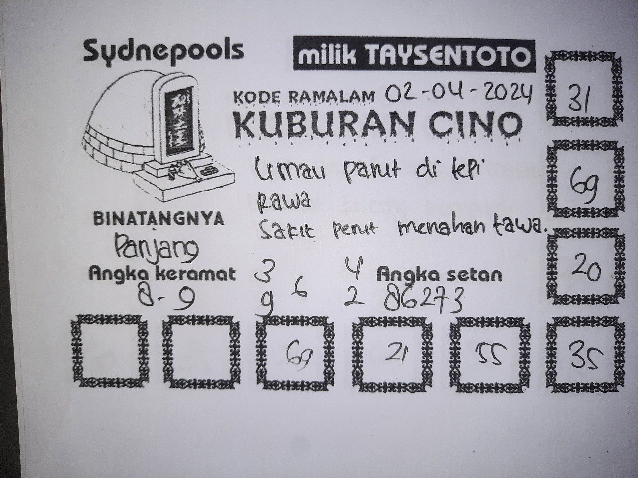 Syair Kuburan Cino Sydney Hari ini 02 April 2024