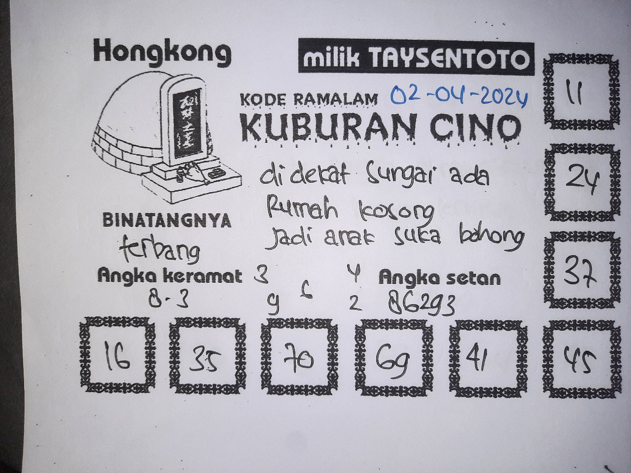 Syair Kuburan Cino HK Hari Ini 02 April 2024