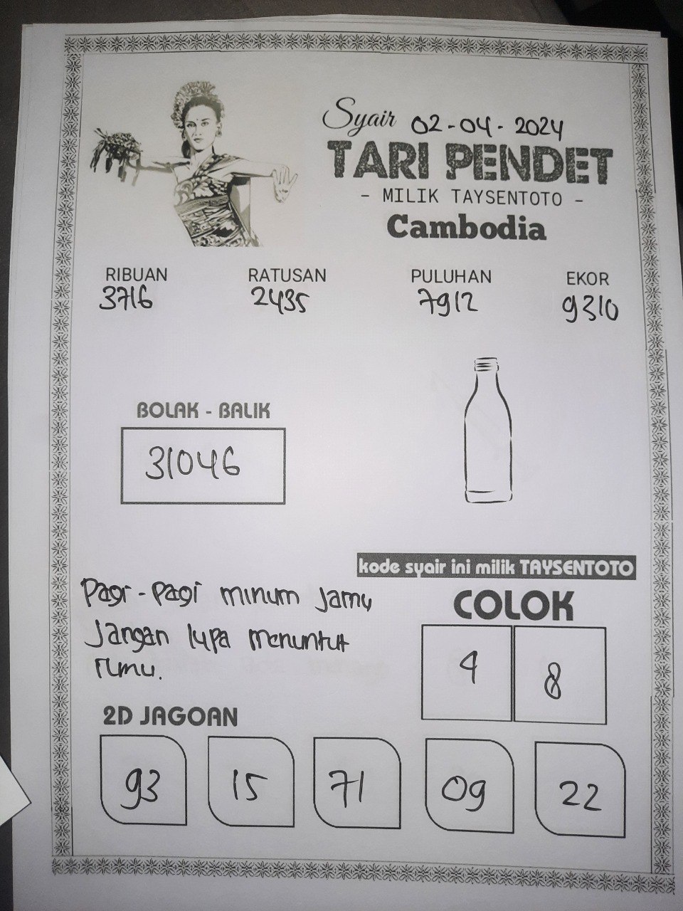 Syair Togel Tari Pendet Cambodia Hari ini 02 April 2024