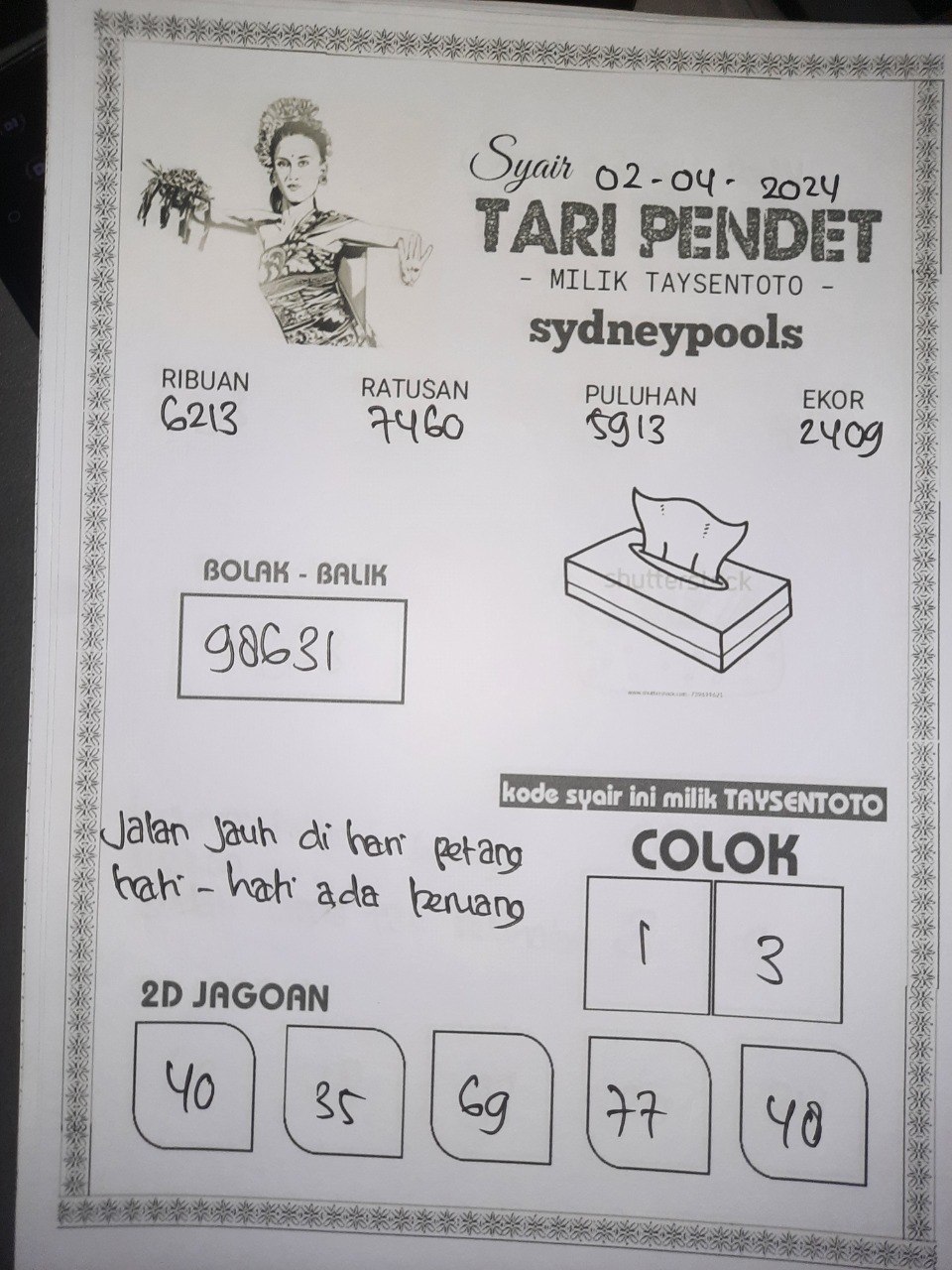 Syair Tari Pendet Sydney Hari ini 02 April 2024