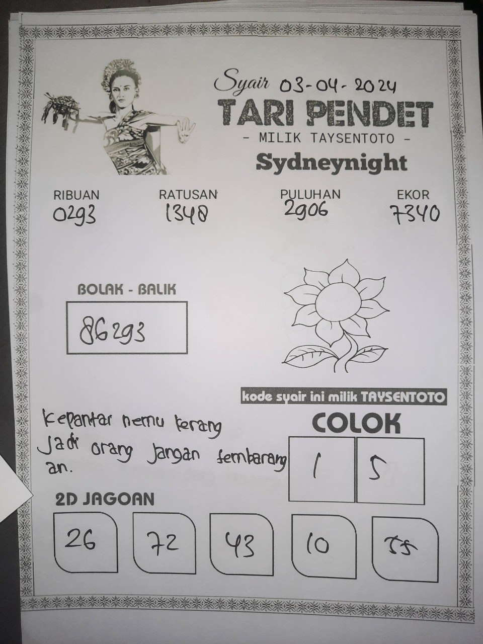 Syair Tari Pendet Sydney Night Hari ini 03 April 2024