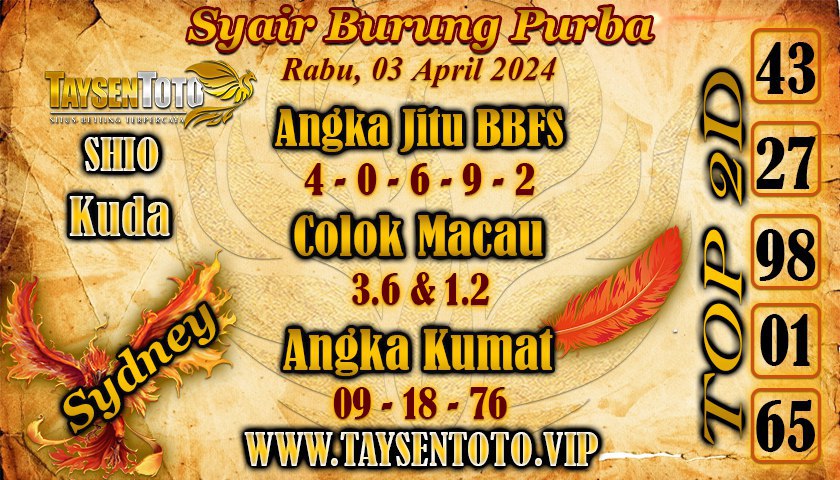 Syair Burung Purba Sydney Hari ini 03 April 2024