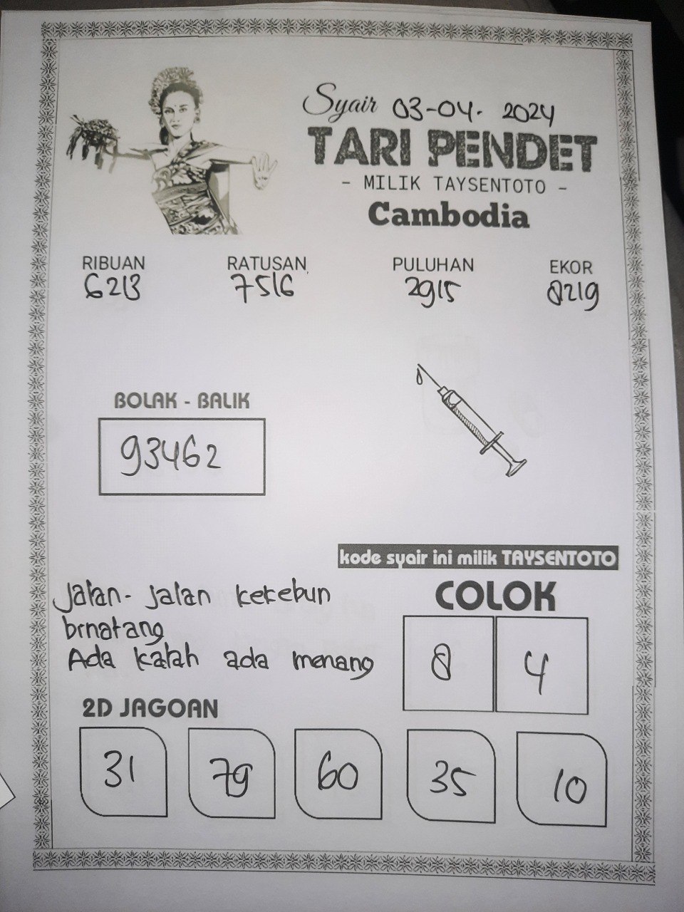 Syair Togel Tari Pendet Cambodia Hari ini 03 April 2024