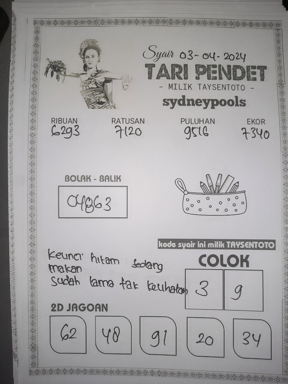 Syair Tari Pendet Sydney Hari ini 03 April 2024