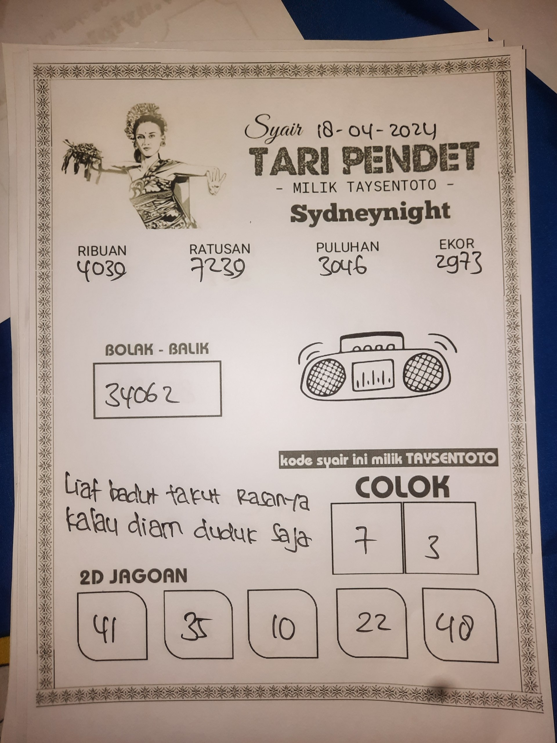 Syair Tari Pendet SydneyNight Hari ini 18 April 2024