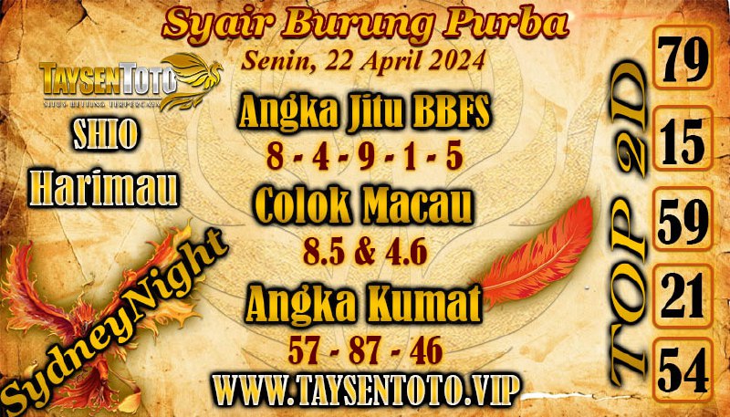 Syair Burung Purba SydneyNight Hari ini 22 April 2024