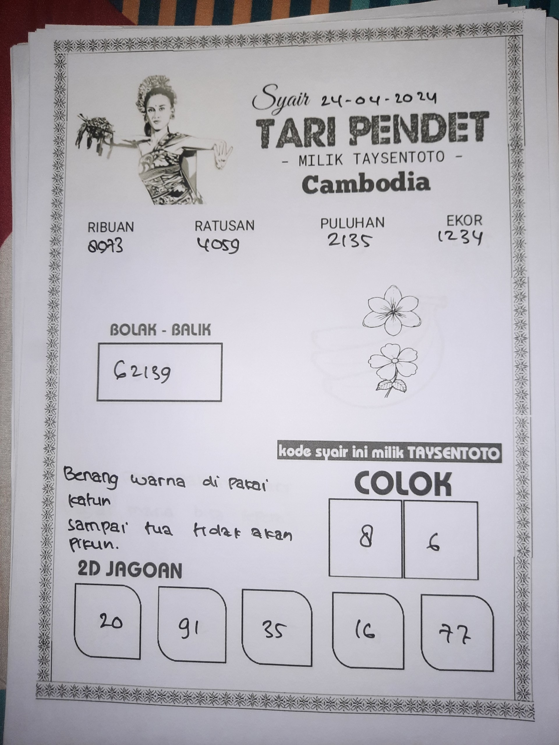 Syair Tari Pendet cambodia Hari Ini 24 April 2024