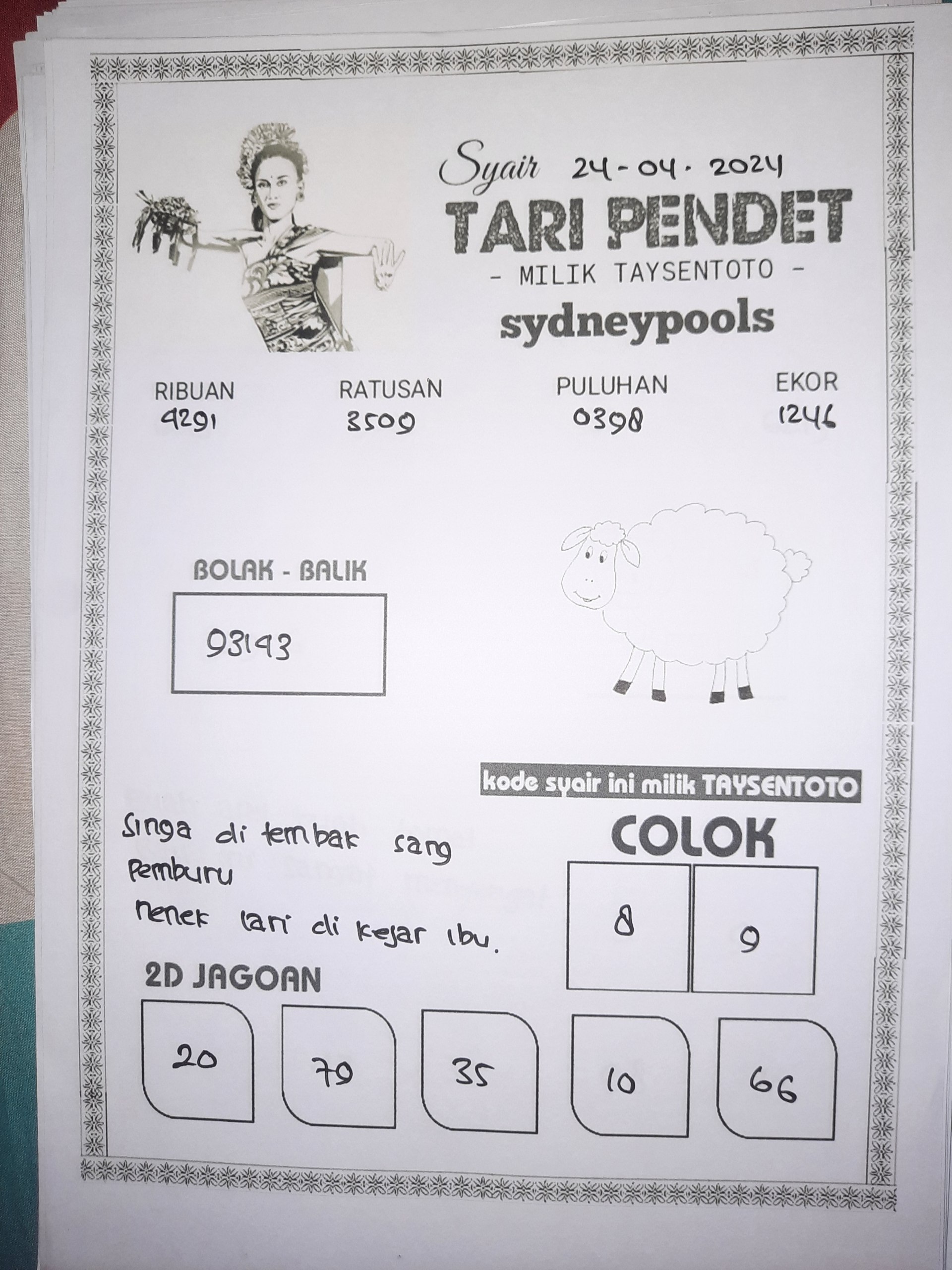 Syair Tari Pendet Sydney Hari ini 23 April 2024