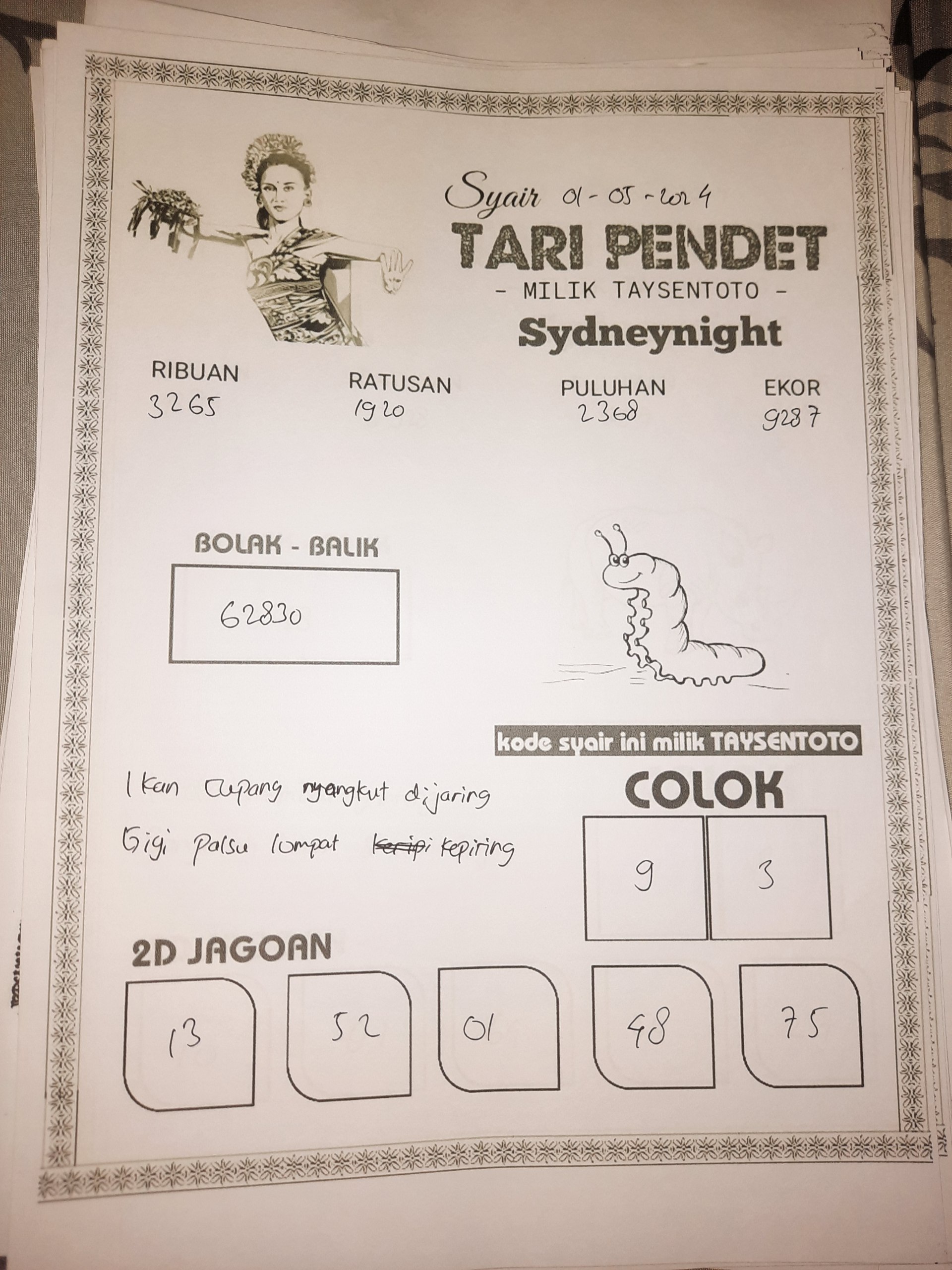 Syair Tari Pendet SydneyNight Hari ini 01 Mei 2024