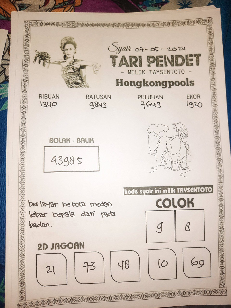 Syair Tari Pendet HK Hari Ini 07 Mei 2024