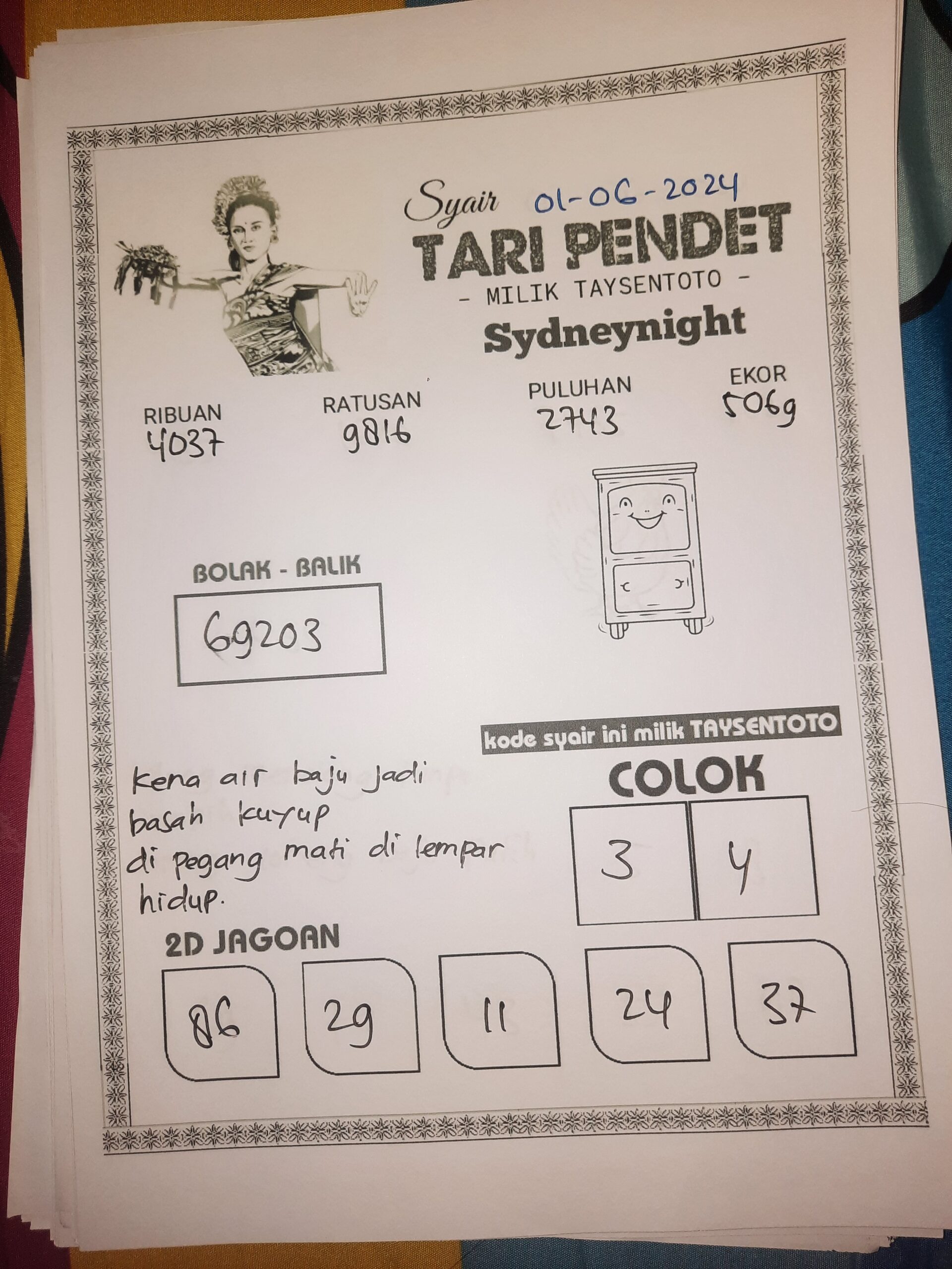 Syair Tari Pendet SydneyNight Hari ini 01 Juni 2024