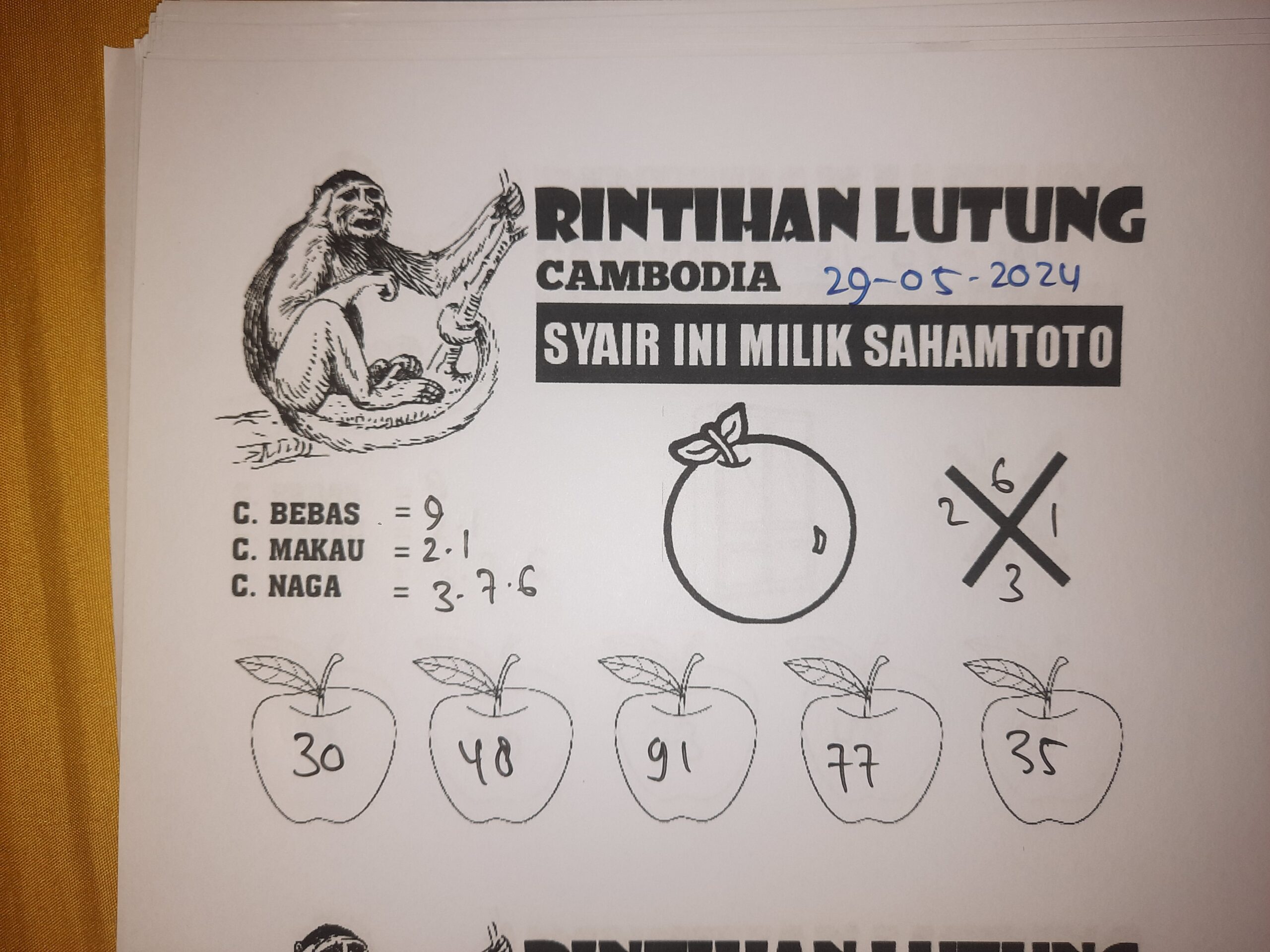 syair rintihan lutung Cambodia hari ini Rabu,29 Mei 2024