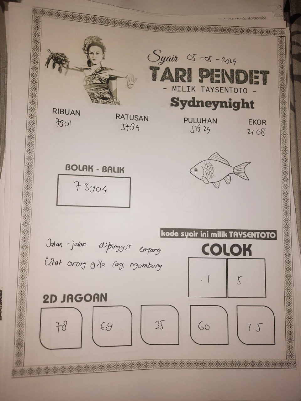 Syair Tari Pendet SydneyNight Hari ini 05 Mei 2024