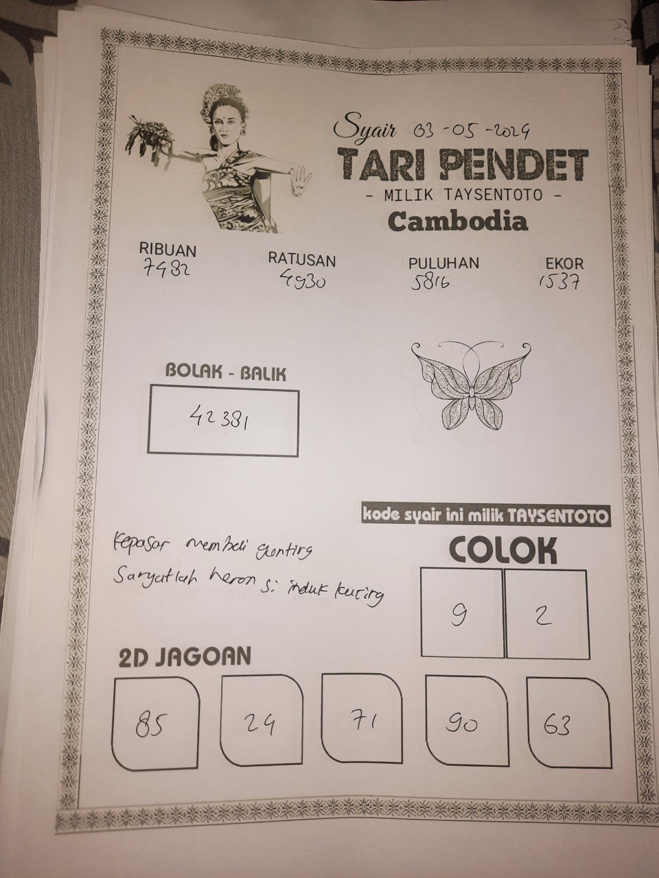 Syair Tari Pendet cambodia Hari Ini 03 Mei 2024