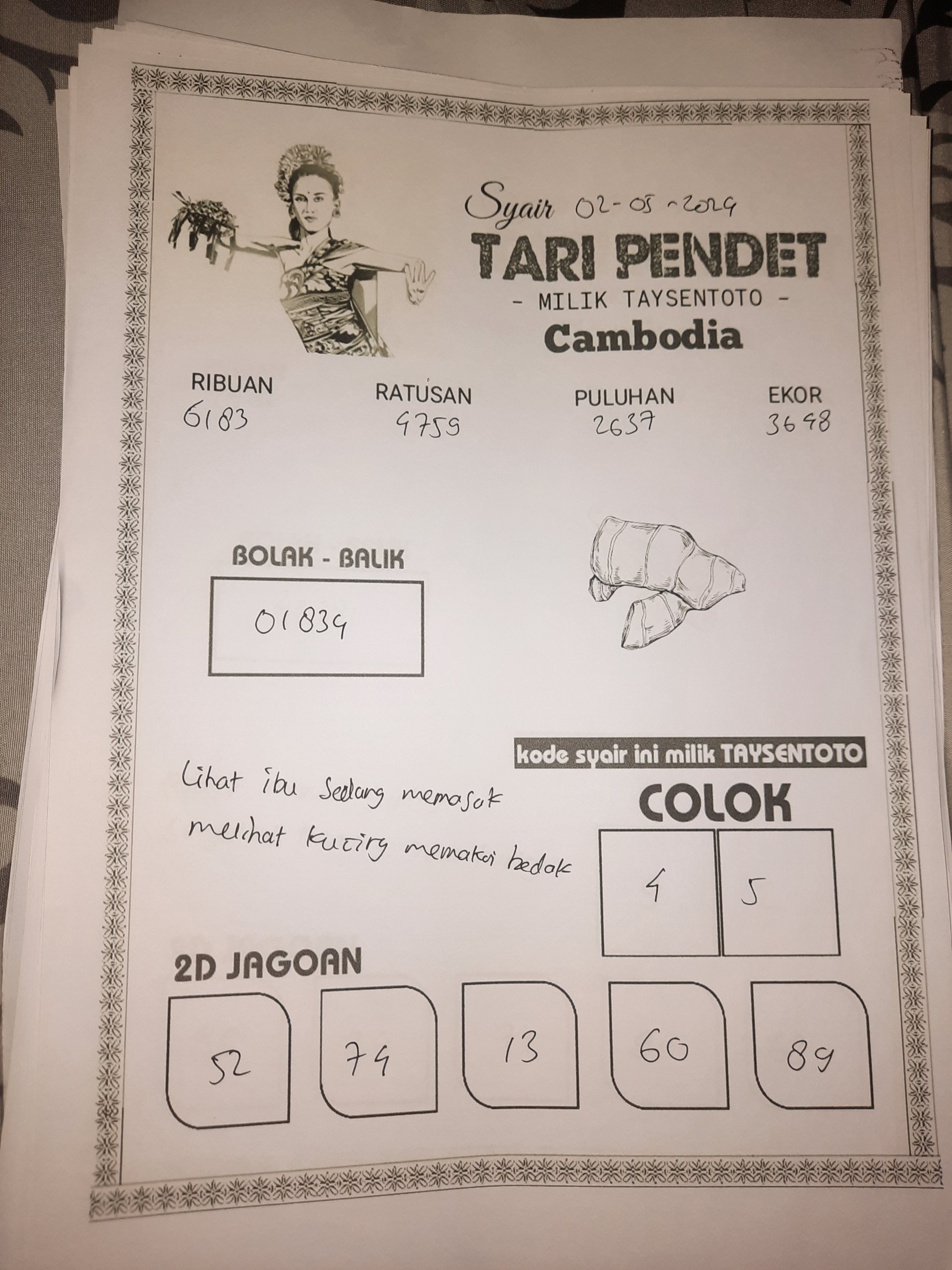 Syair Tari Pendet cambodia Hari Ini 02 Mei 2024