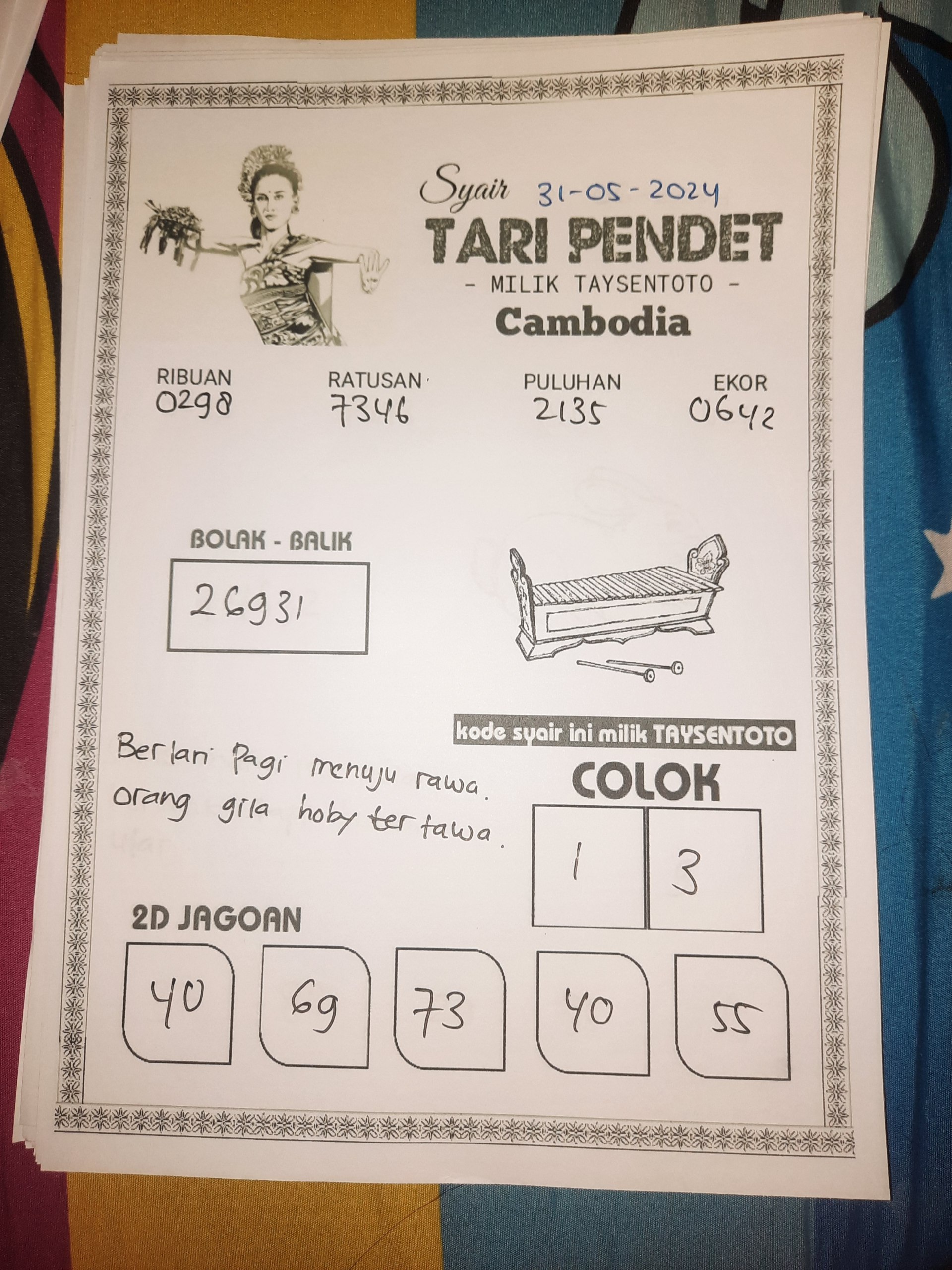 Syair Tari Pendet Cambodia Hari ini 31 Mei 2024