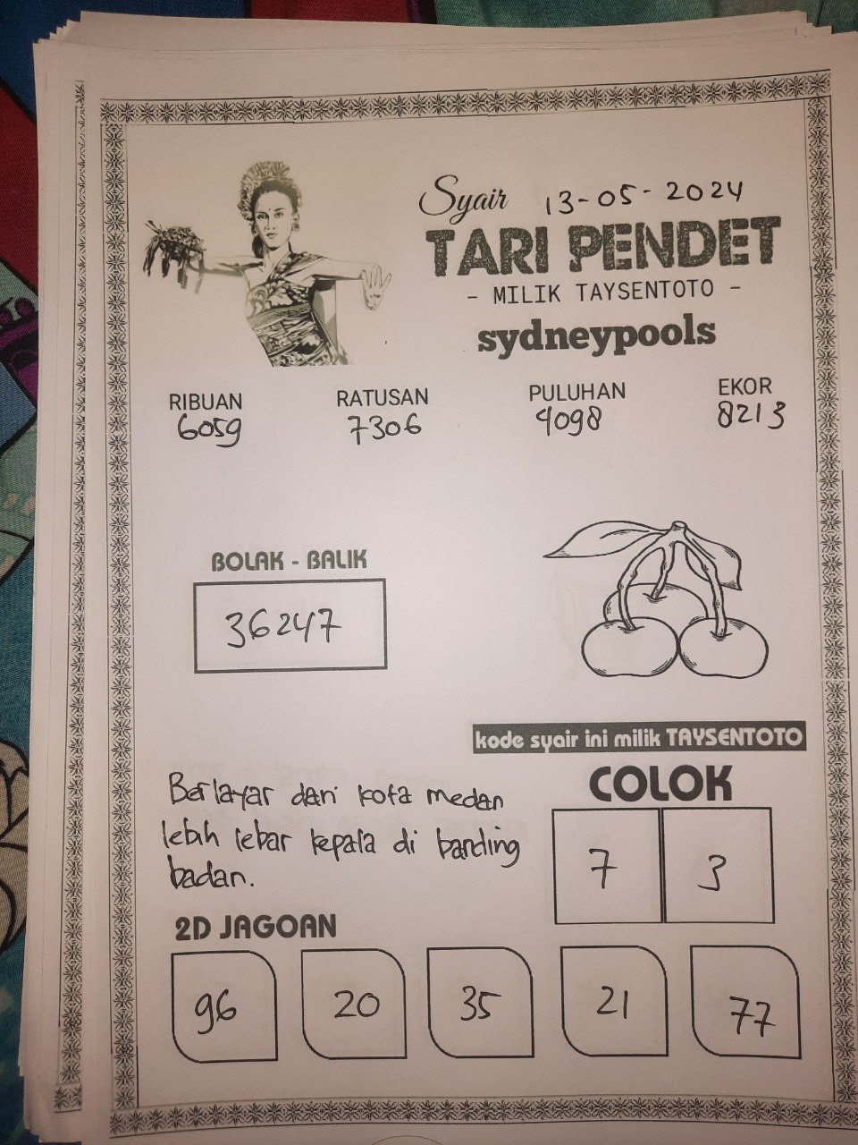 Syair Tari Pendet Sydney Hari ini 13 Mei 2024