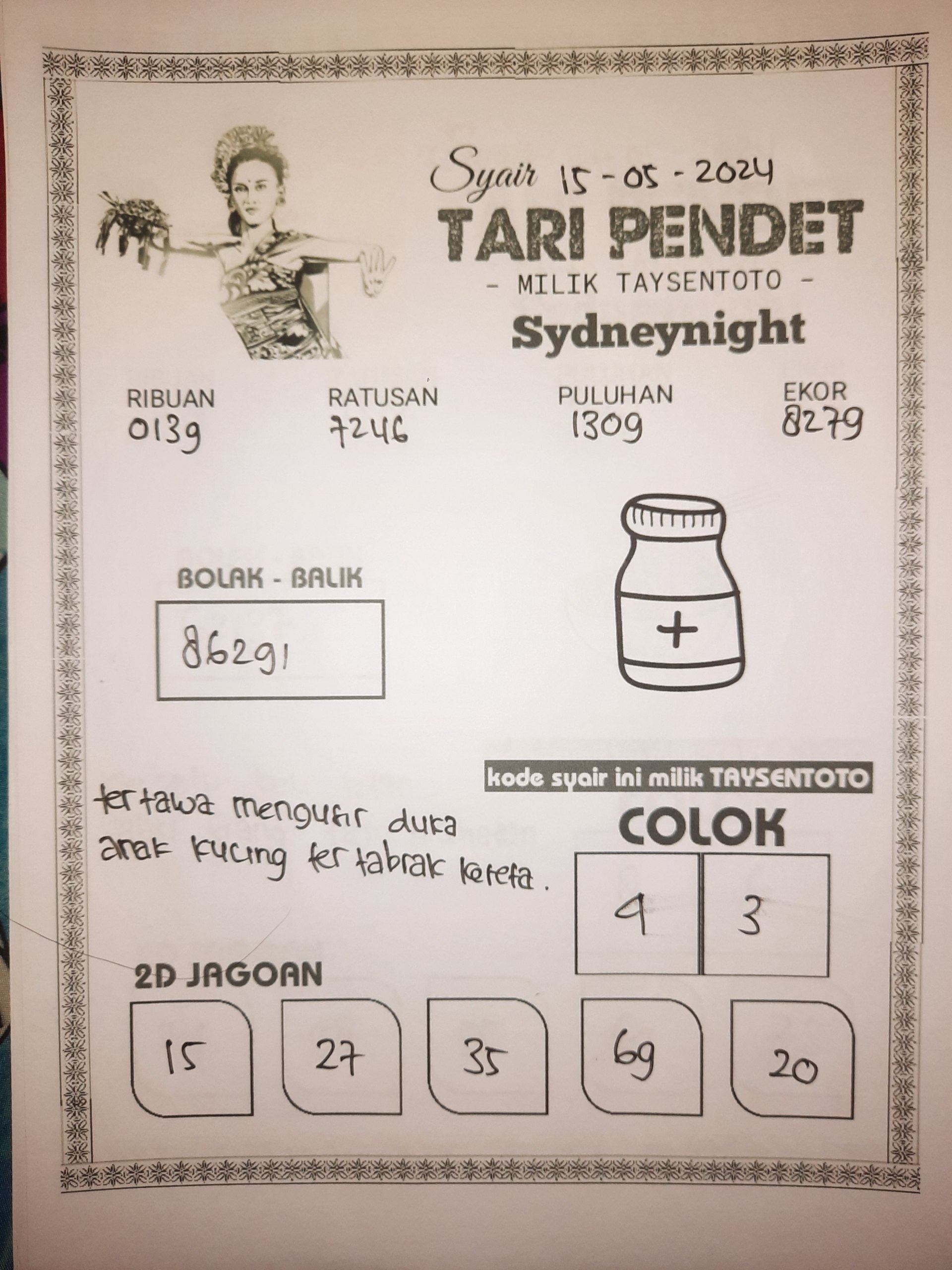 Syair Tari Pendet SydneyNight Hari ini 15 Mei 2024