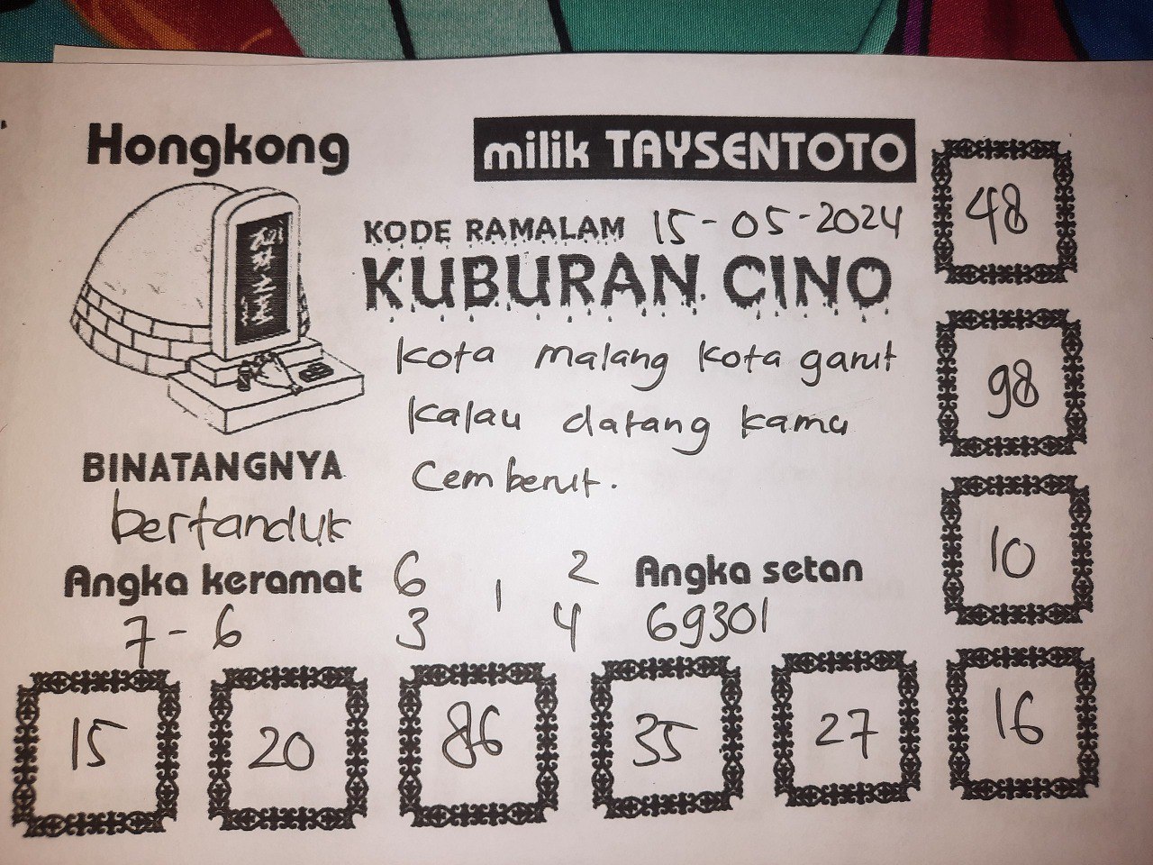 Syair Kuburan Cino HK Hari Ini 15 Mei 2024