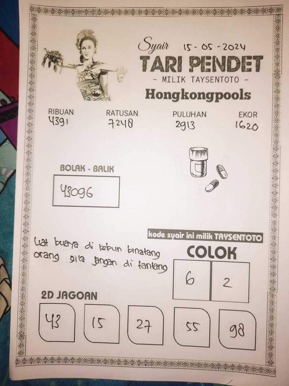 Syair Tari Pendet HK Hari Ini 15 Mei 2024