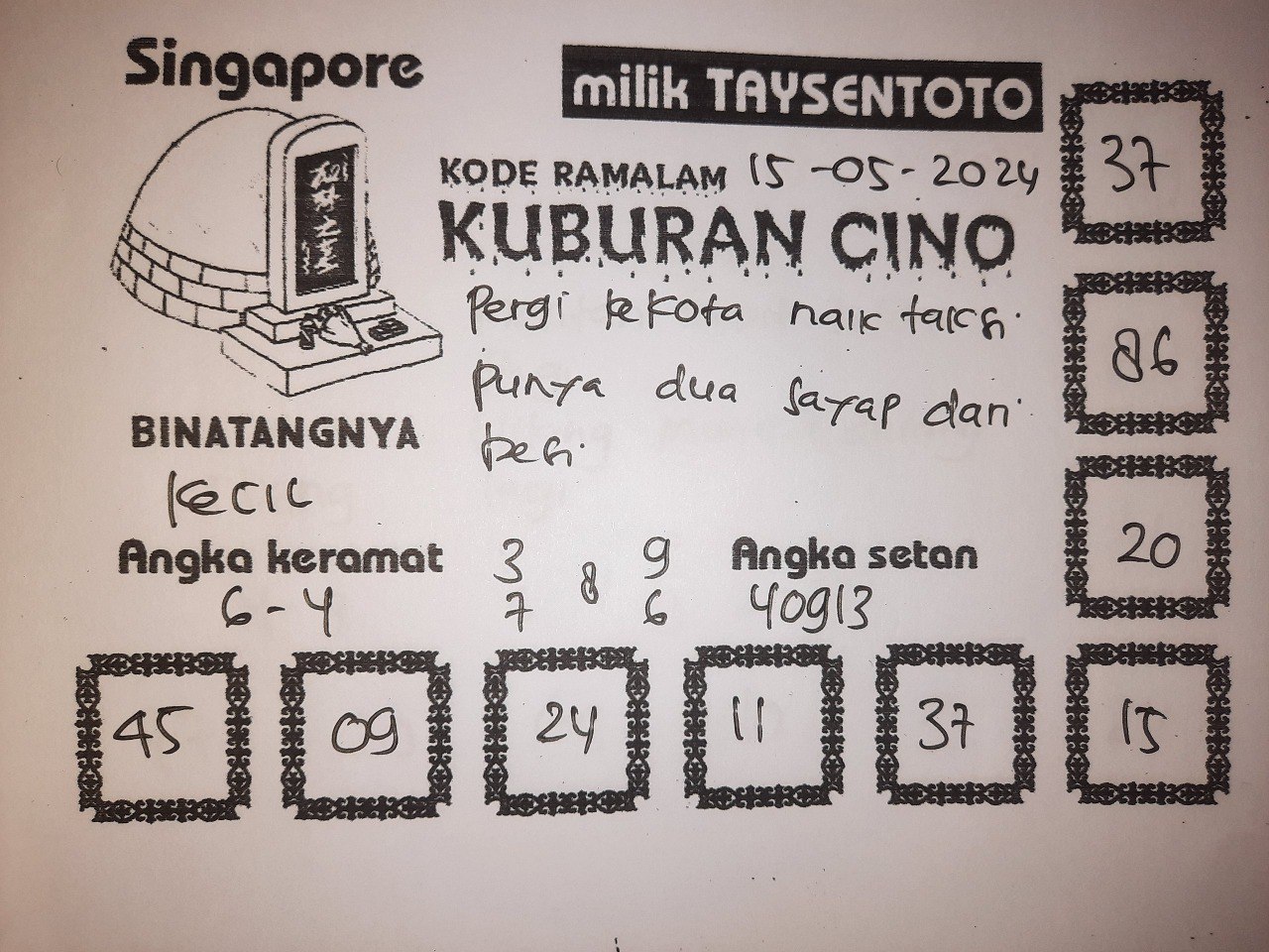 Syair Kuburan Cino Singapore Hari ini 15 Mei 2024