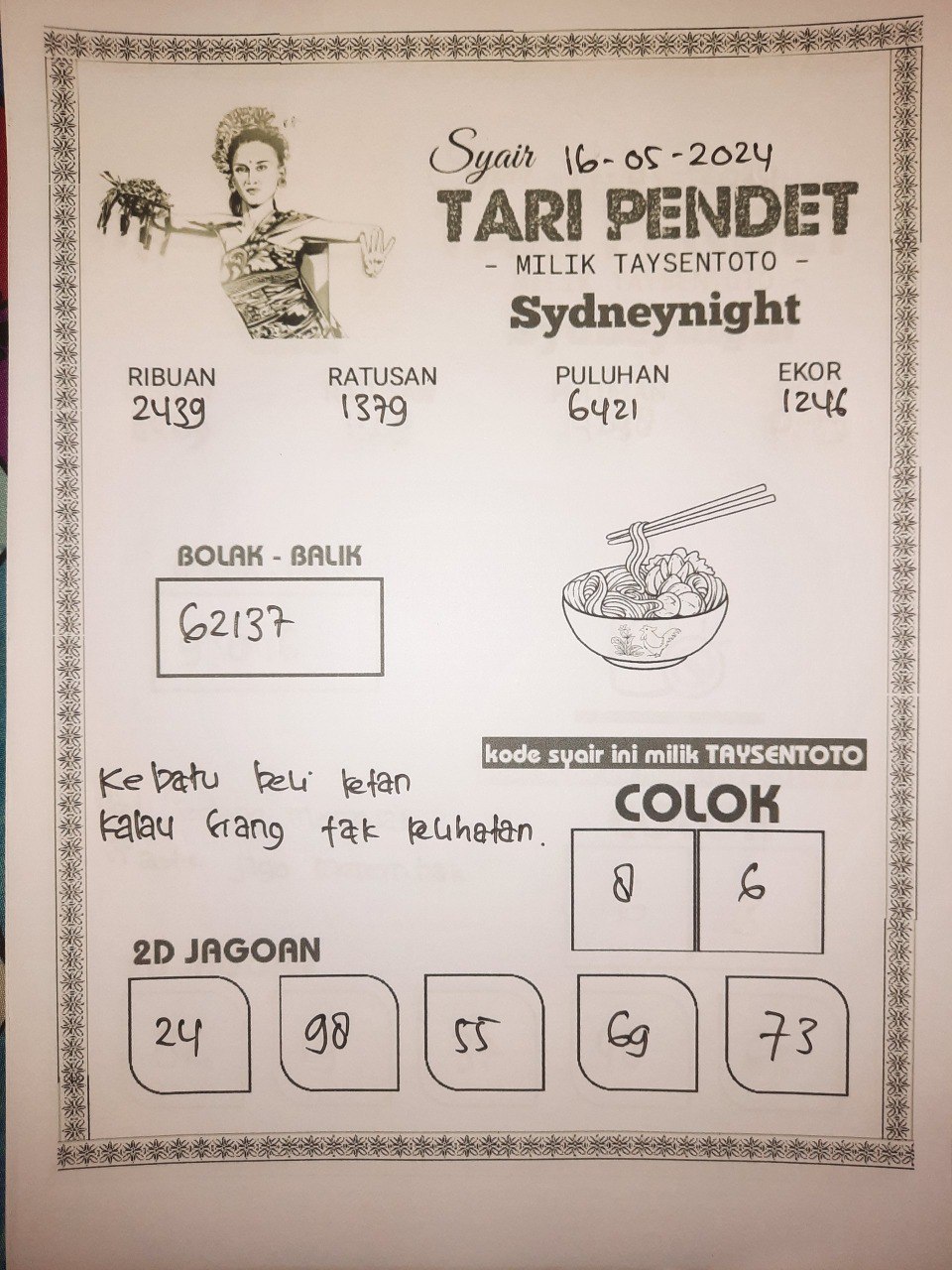 Syair Tari Pendet SydneyNight Hari ini 16 Mei 2024