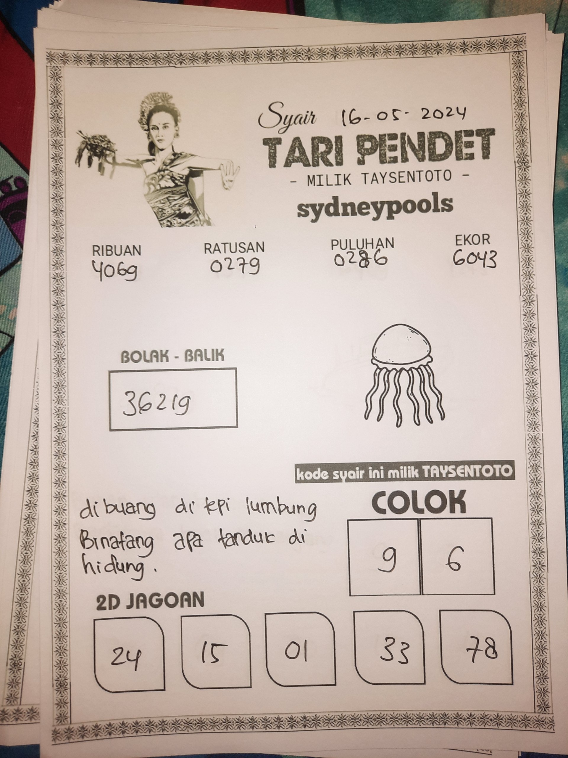 Syair Tari Pendet Sydney Hari ini 16 Mei 2024