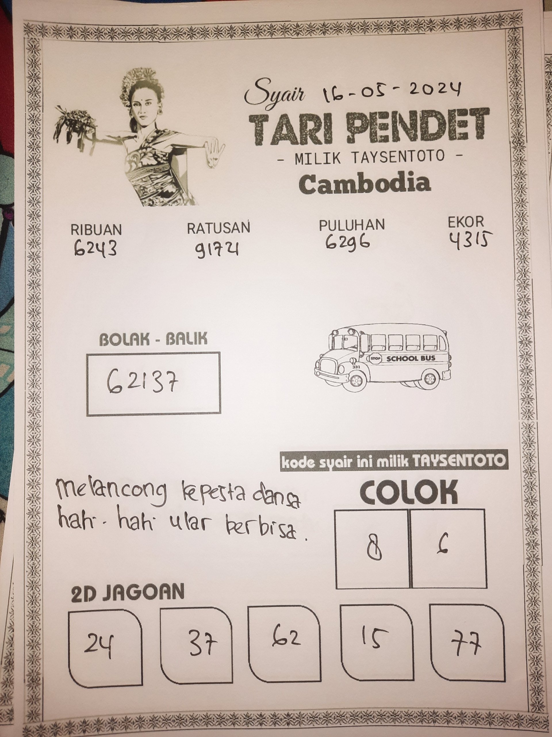 Syair Tari Pendet cambodia Hari Ini 16 Mei 2024