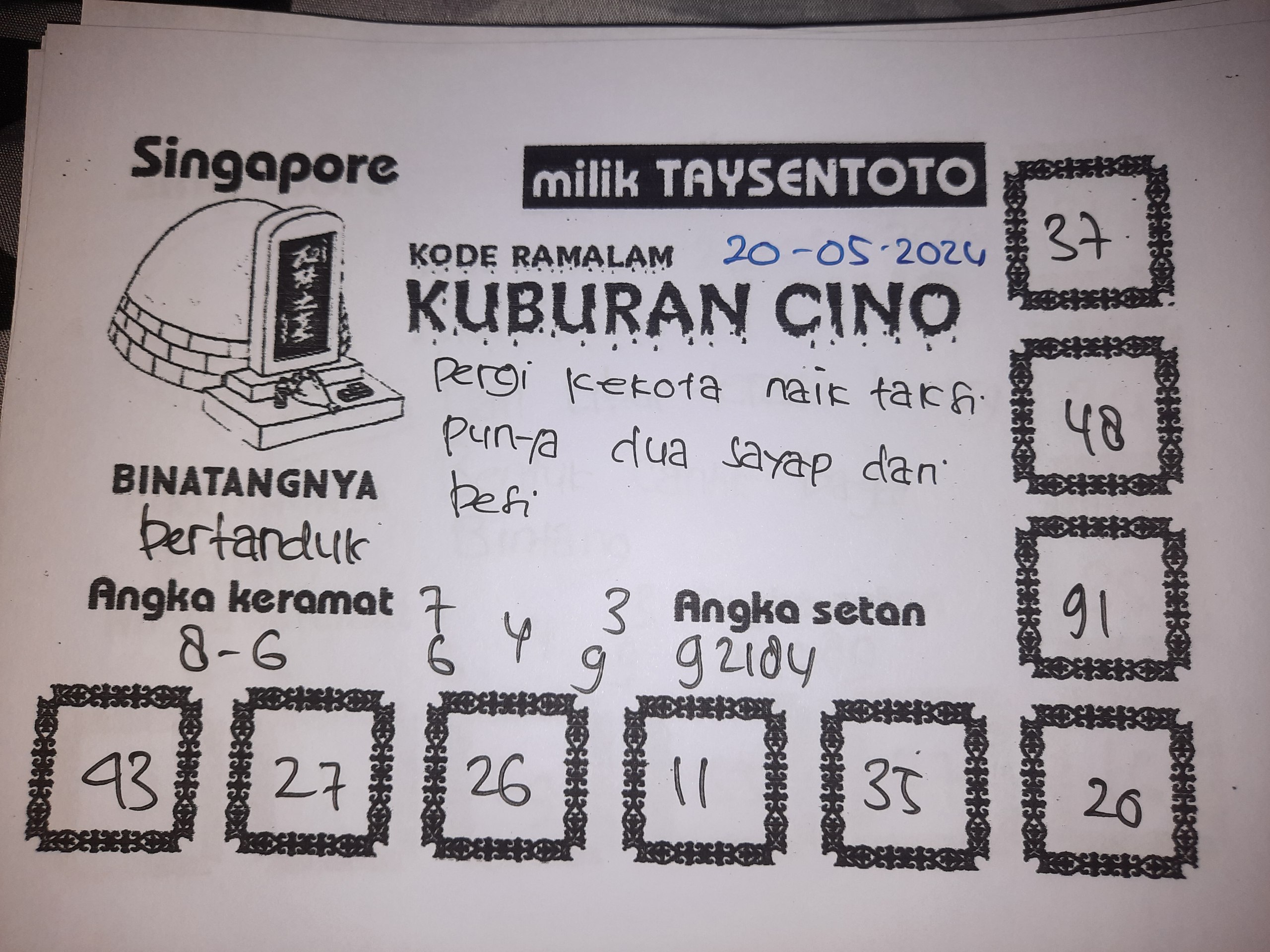 Syair Kuburan Cino Singapore Hari ini 20 Mei 2024