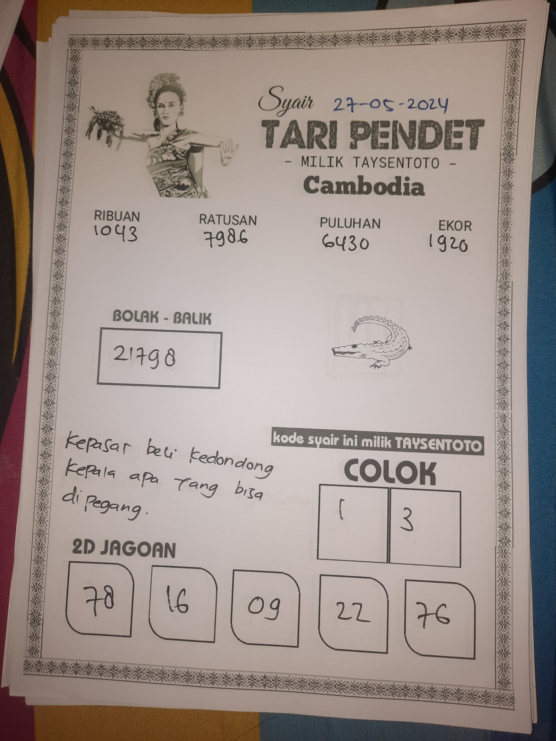 Syair Tari Pendet Cambodia Hari ini 27 Mei 2024