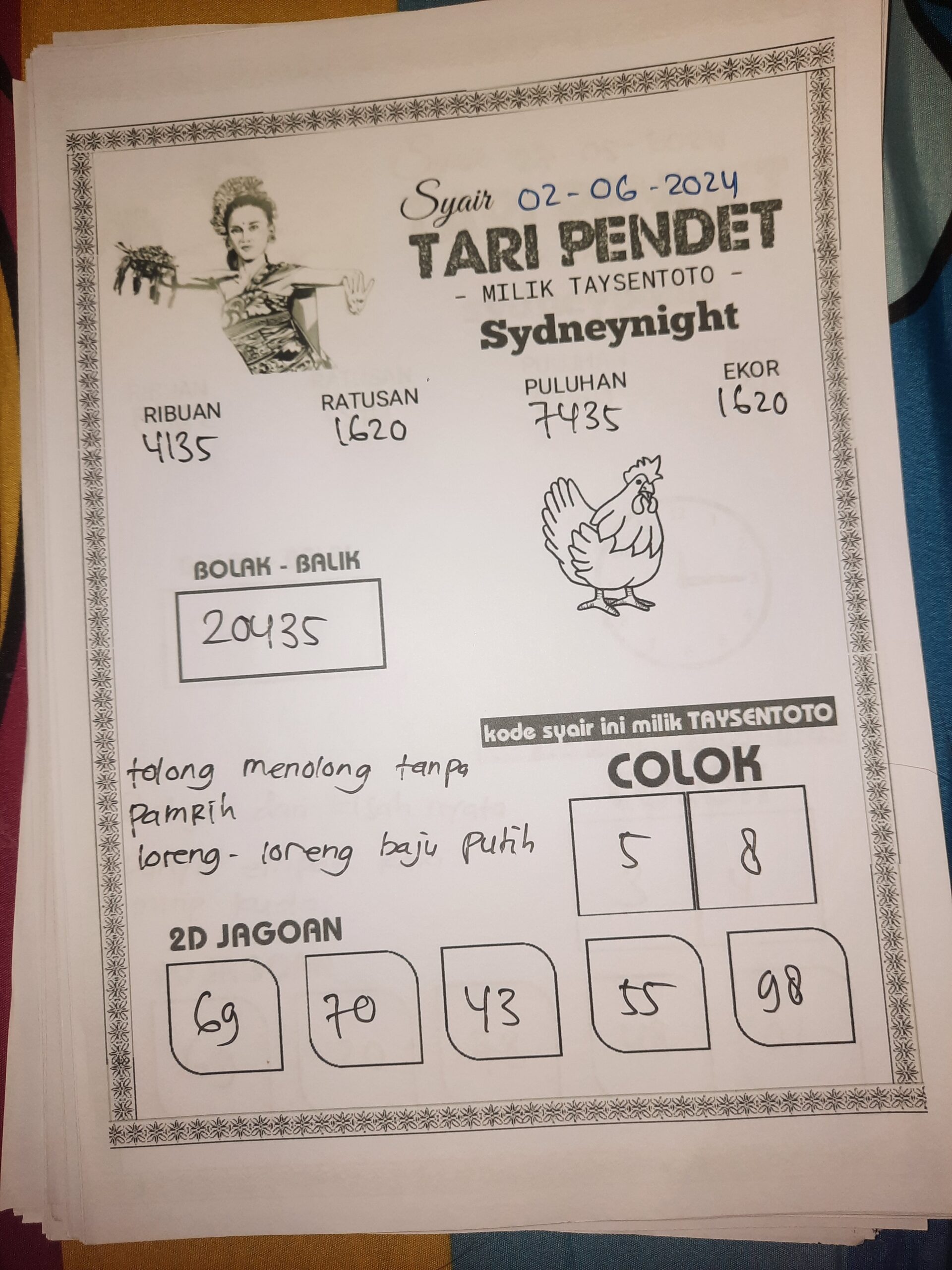 Syair Tari Pendet SydneyNight Hari ini 02 Juni 2024