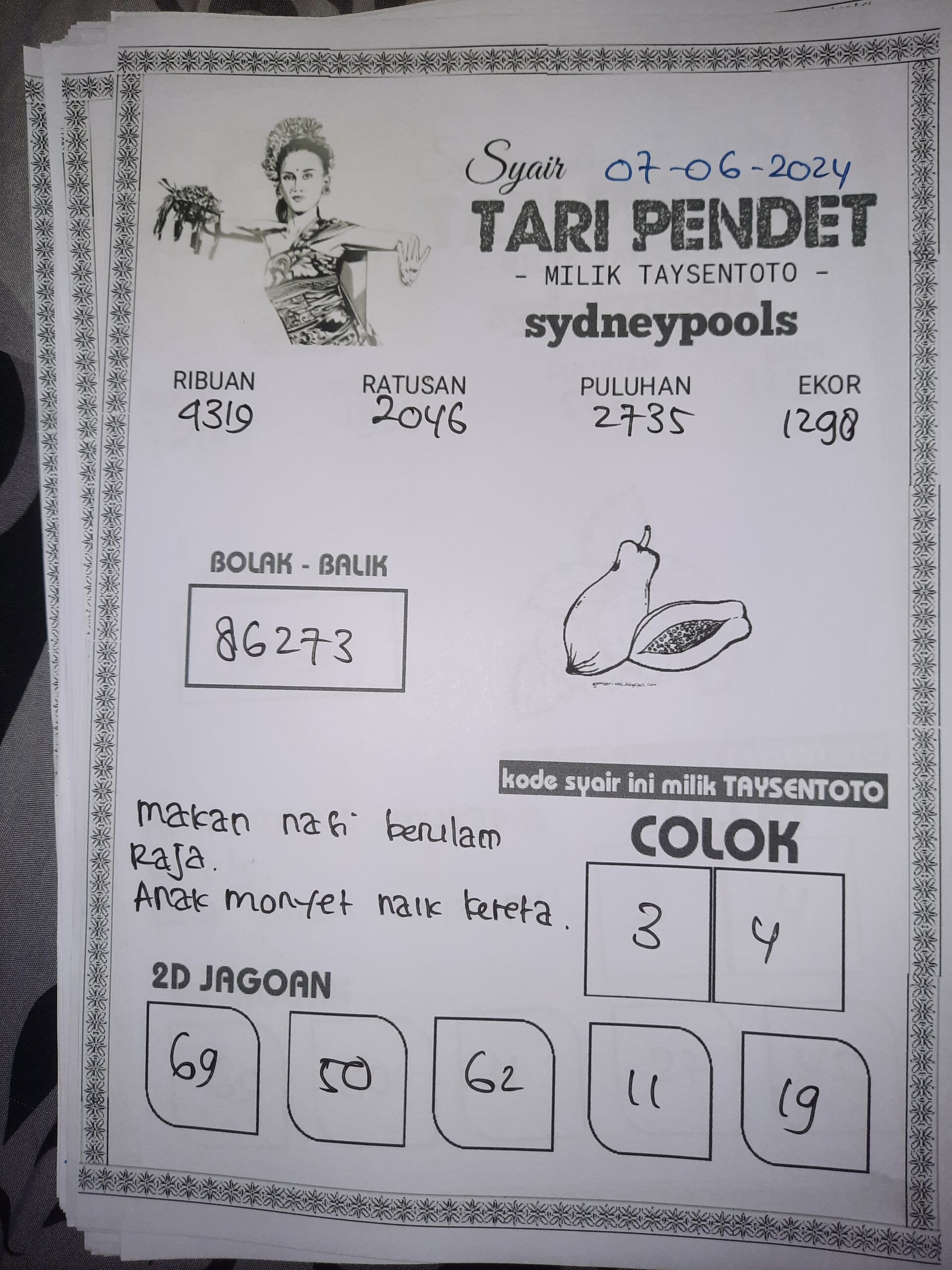 Syair Tari Pendet Sydney Hari ini 07 Juni 2024