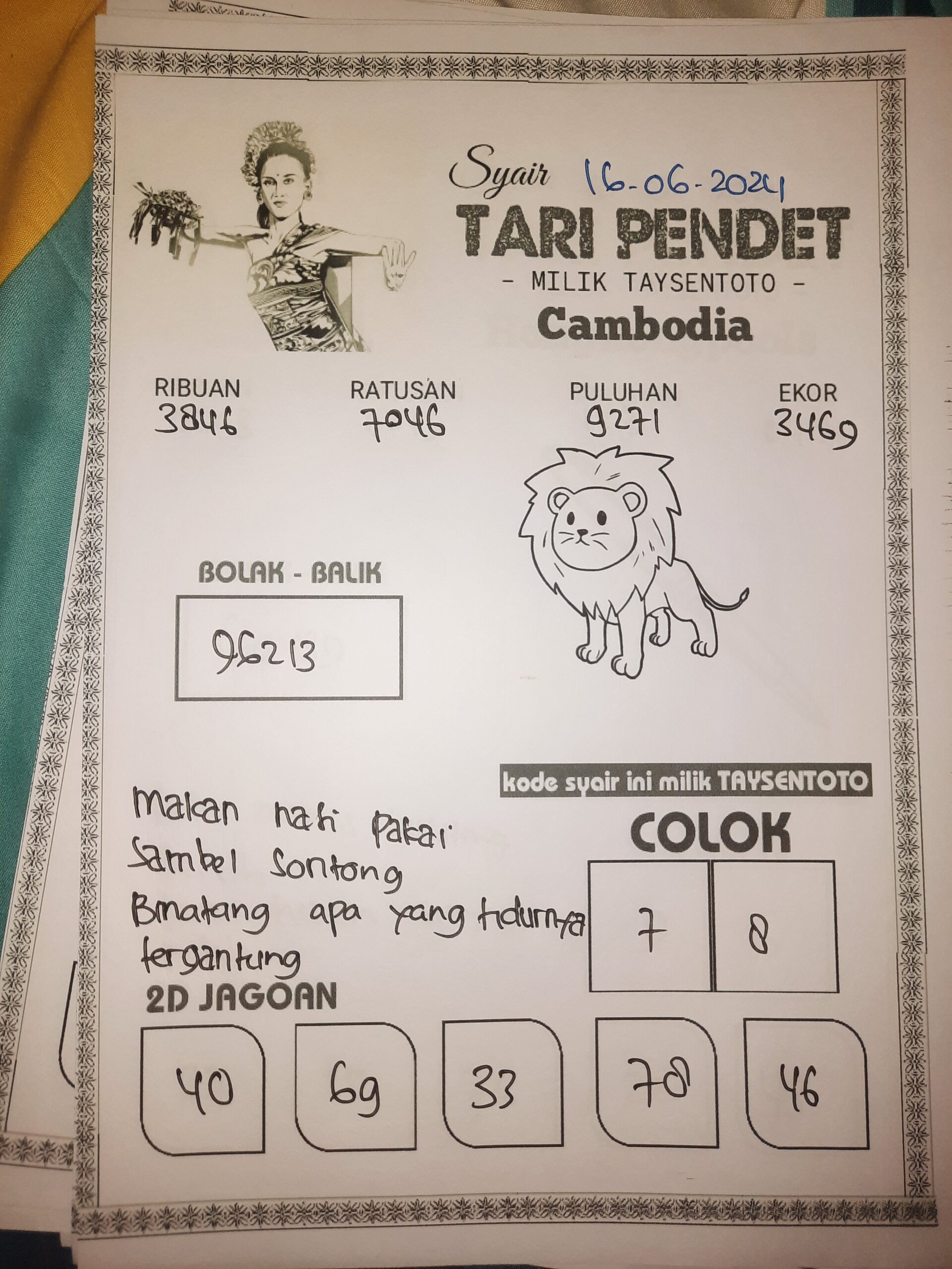 Syair Tari Pendet Cambodia Hari ini 16 juni 2024