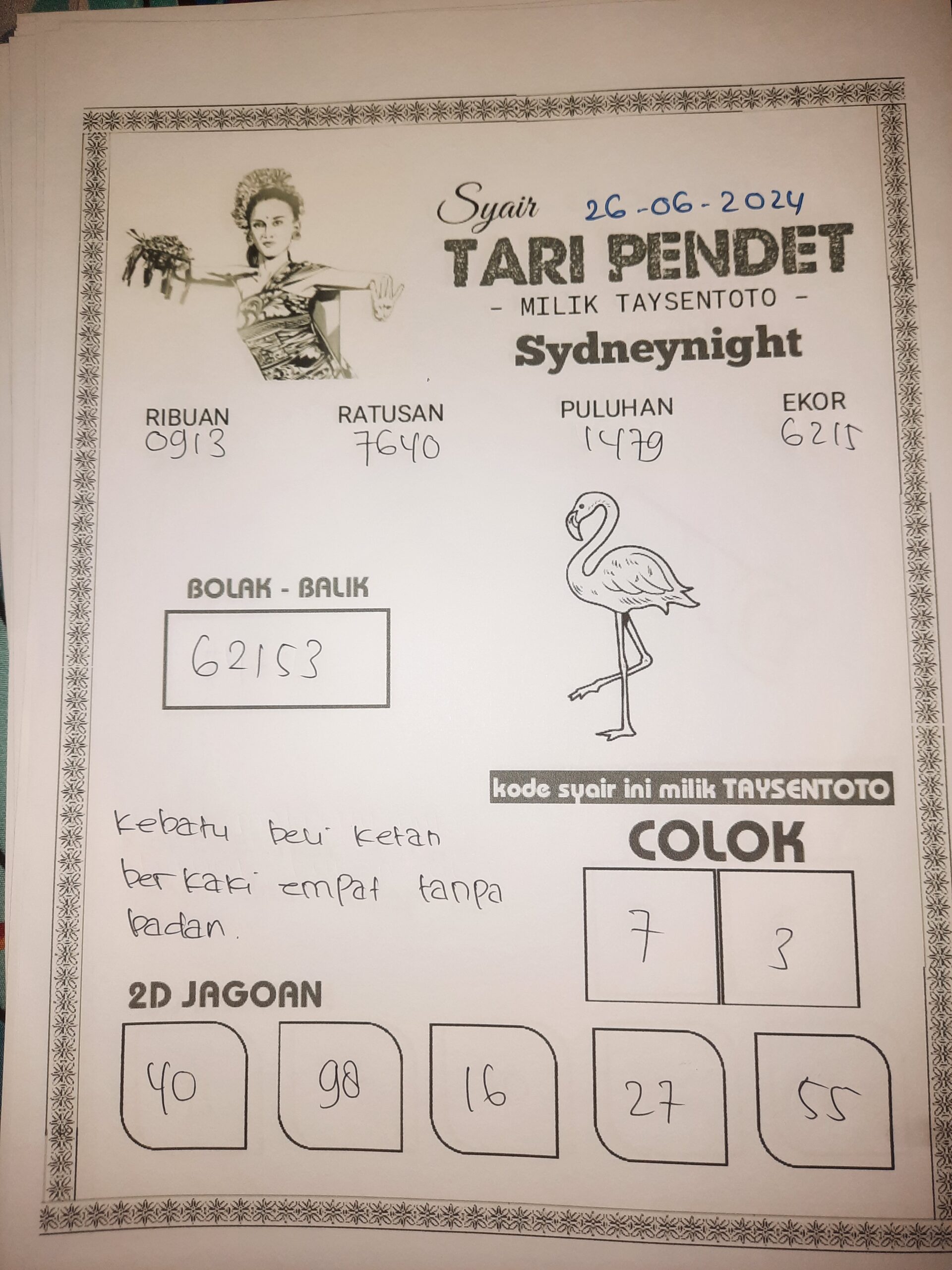 Syair Tari Pendet SydneyNight Hari ini 26 Juni 2024