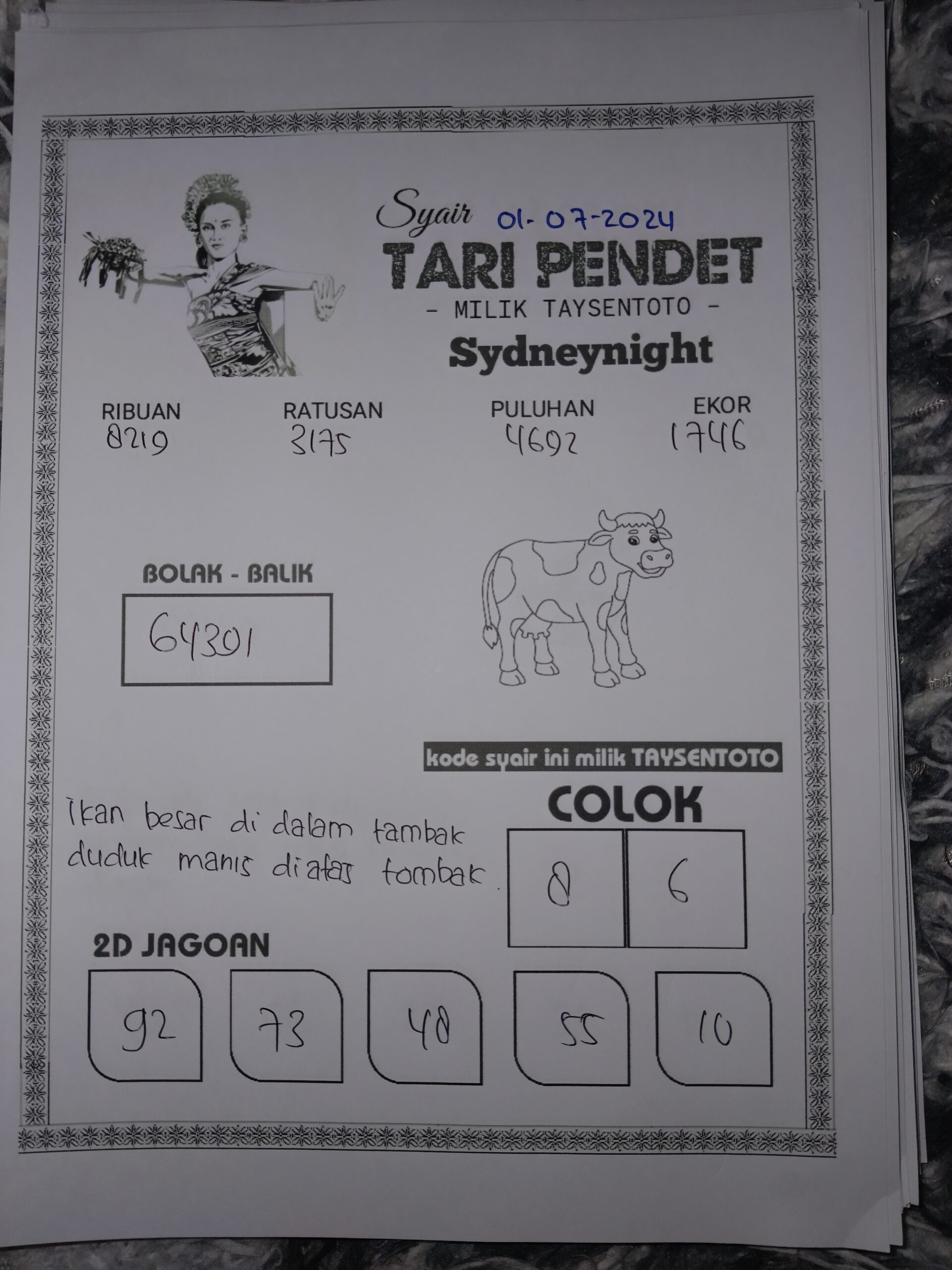 Syair Tari Pendet SydneyNight Hari ini 01 Juli 2024