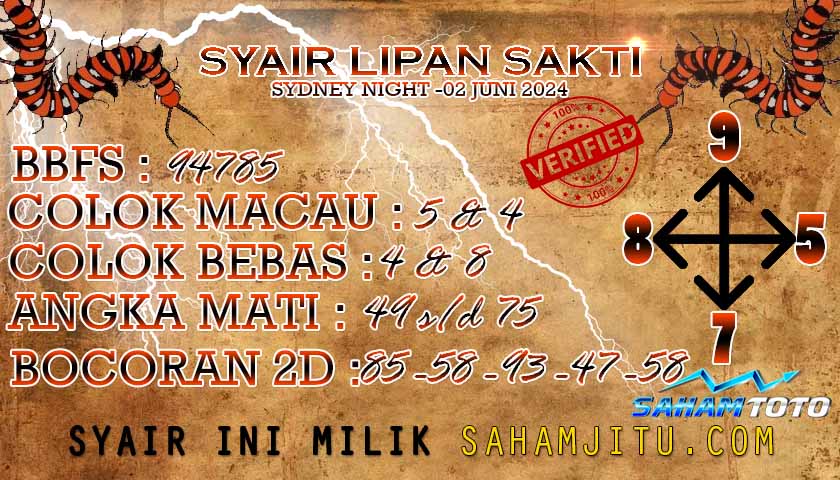 Syair Lipan Sakti SYDNEY NIGHT Hari Ini Minggu 02 Juni 2024