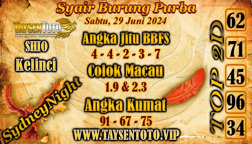 Syair Burung Purba SydneyNight Hari ini 29 Juni 2024