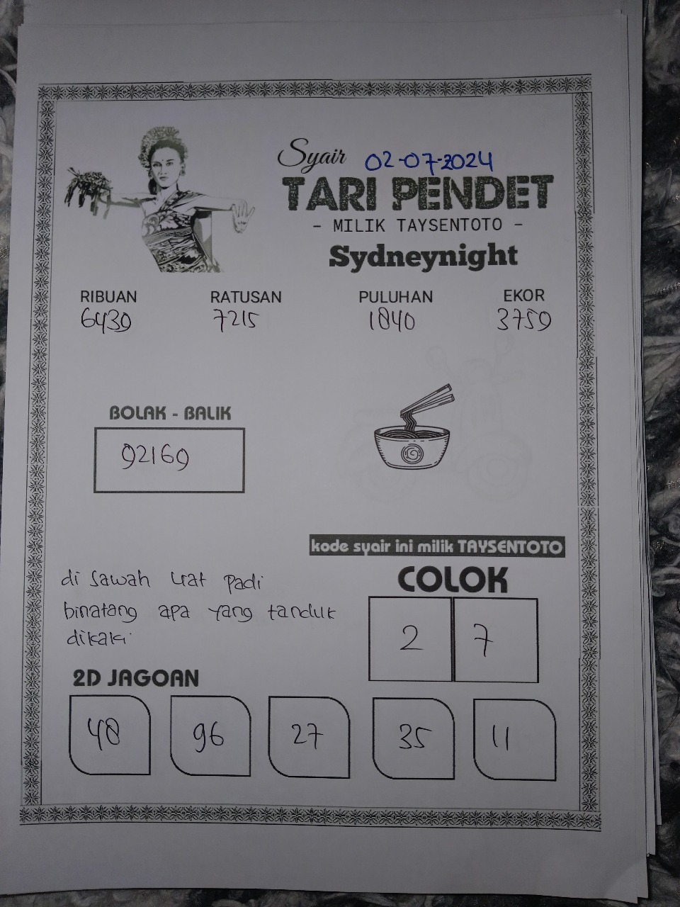 Syair Tari Pendet SydneyNight Hari ini 02 Juli 2024