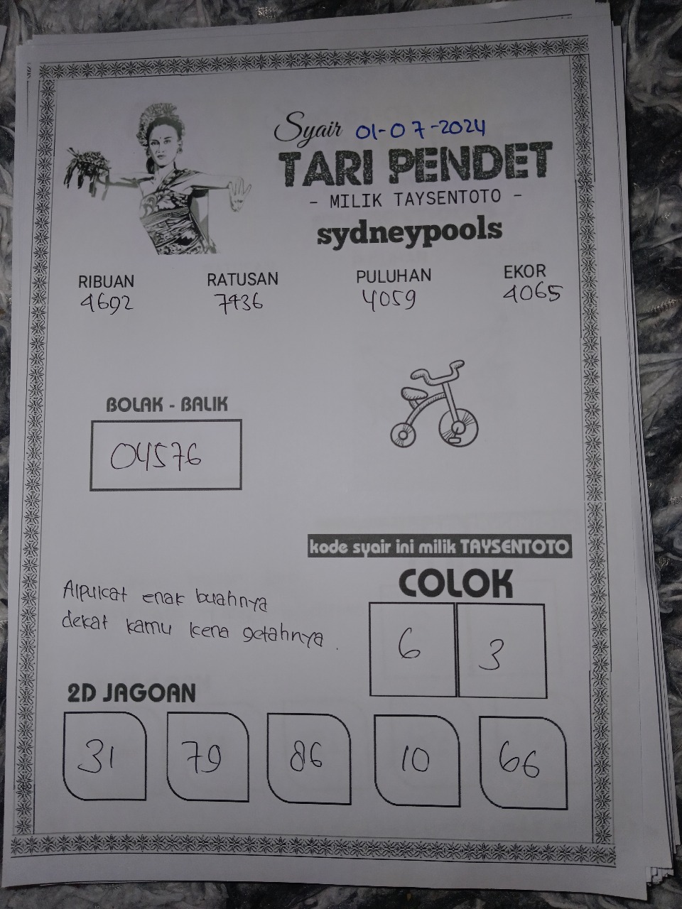 Syair Tari Pendet Sydney Hari ini 01 Juli 2024