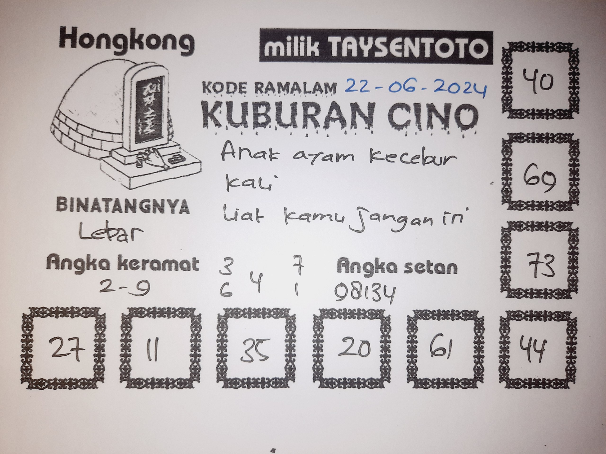 Syair Kuburan Cino HK Hari Ini 22 Juni 2024