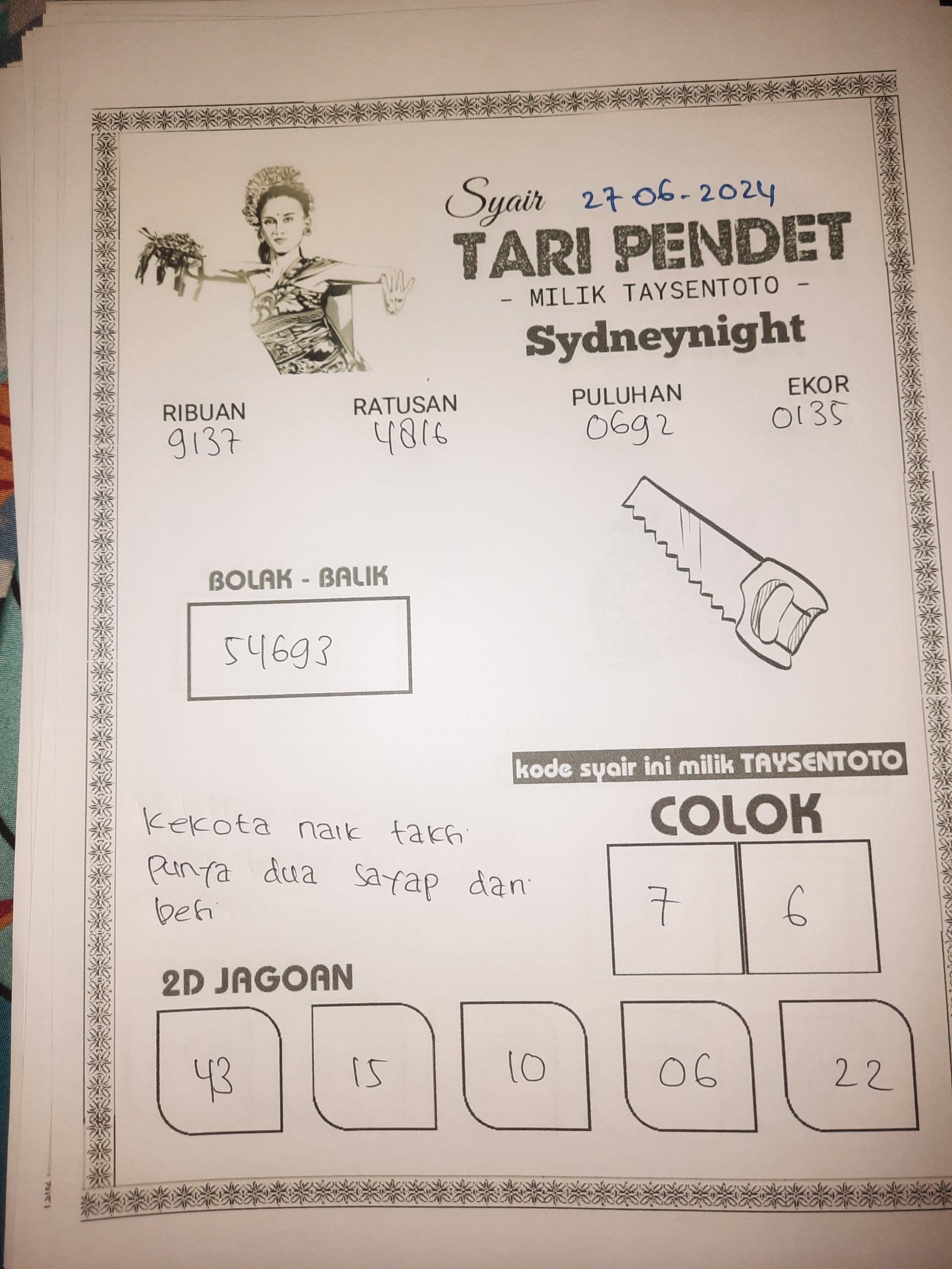 Syair Tari Pendet SydneyNight Hari ini 27 Juni 2024