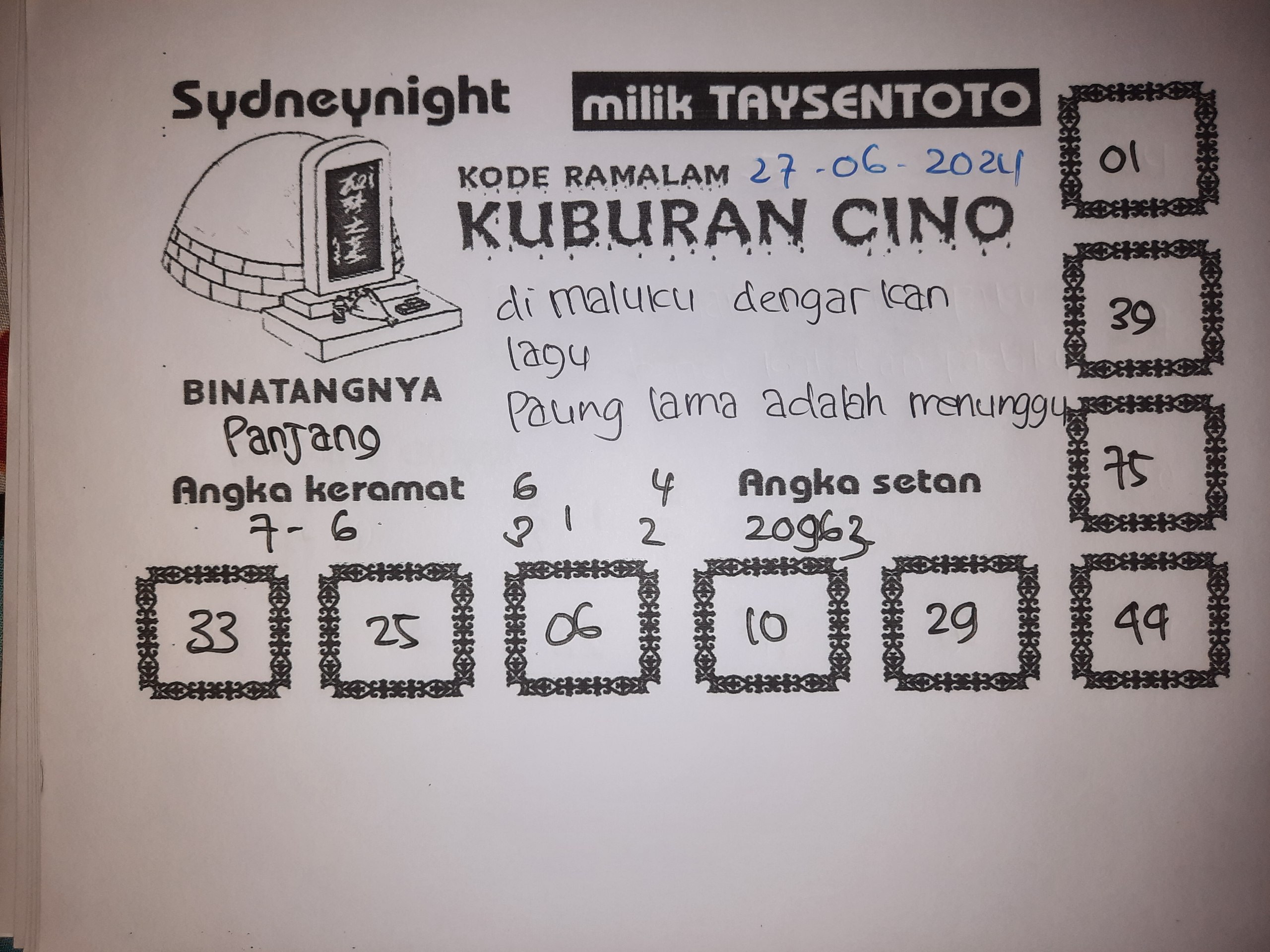 Syair Kuburan Cino SydneyNight Hari ini 27 Juni 2024