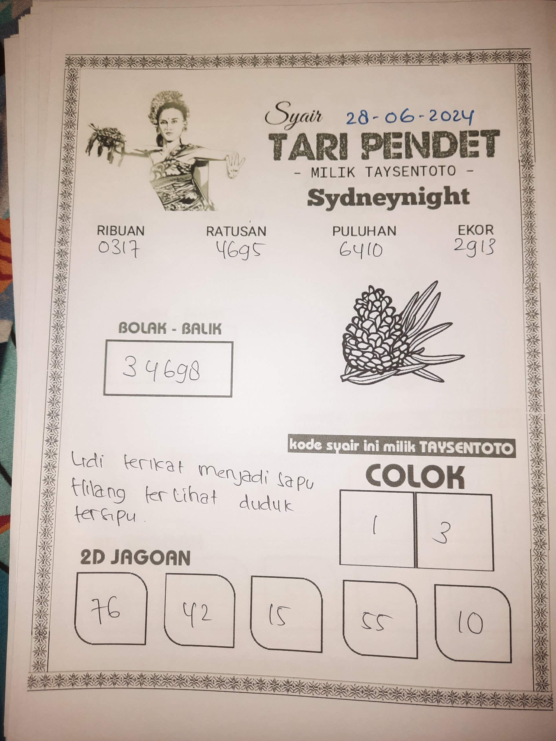 Syair Tari Pendet SydneyNight Hari ini 28 Juni 2024