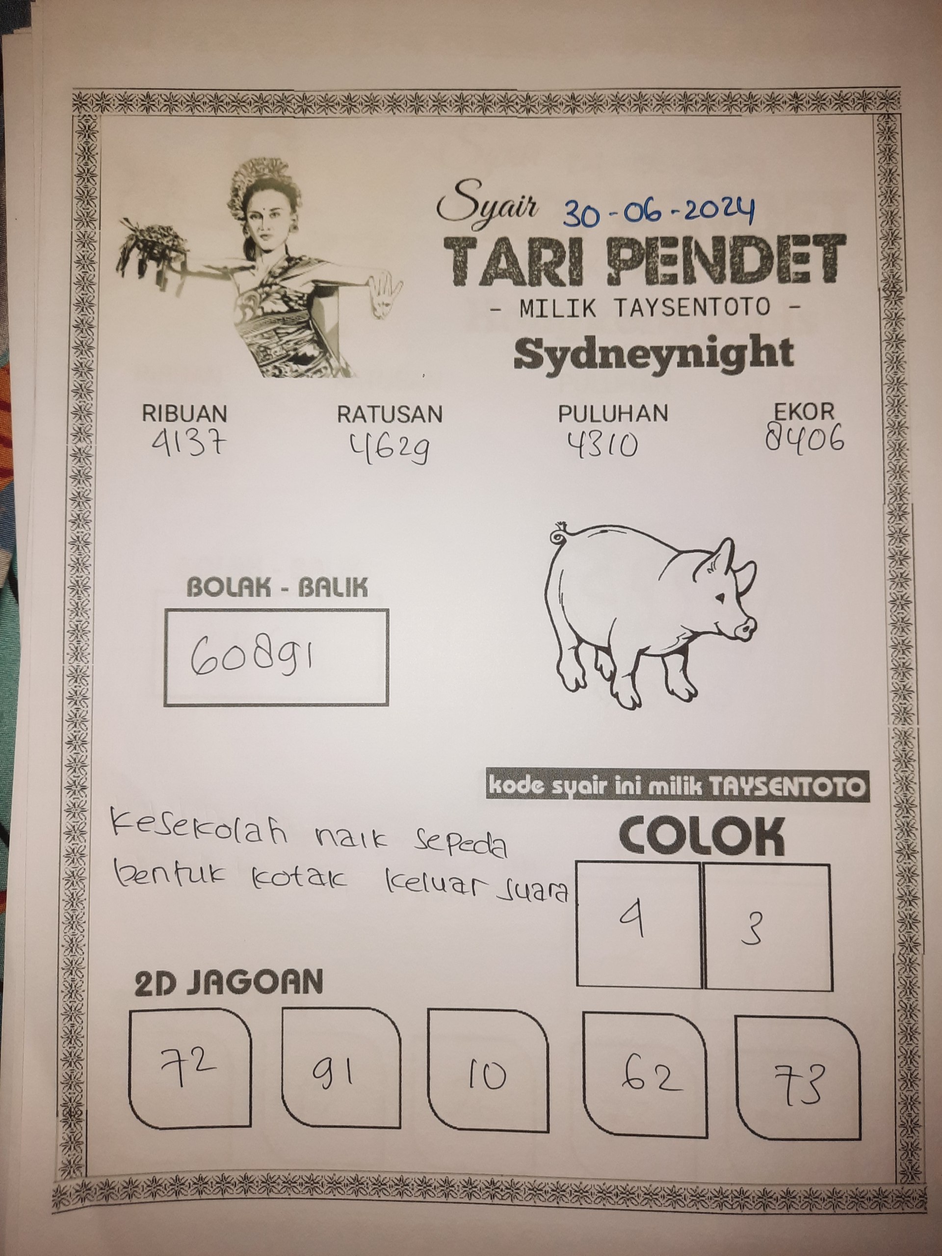 Syair Tari Pendet SydneyNight Hari ini 30 Juni 2024