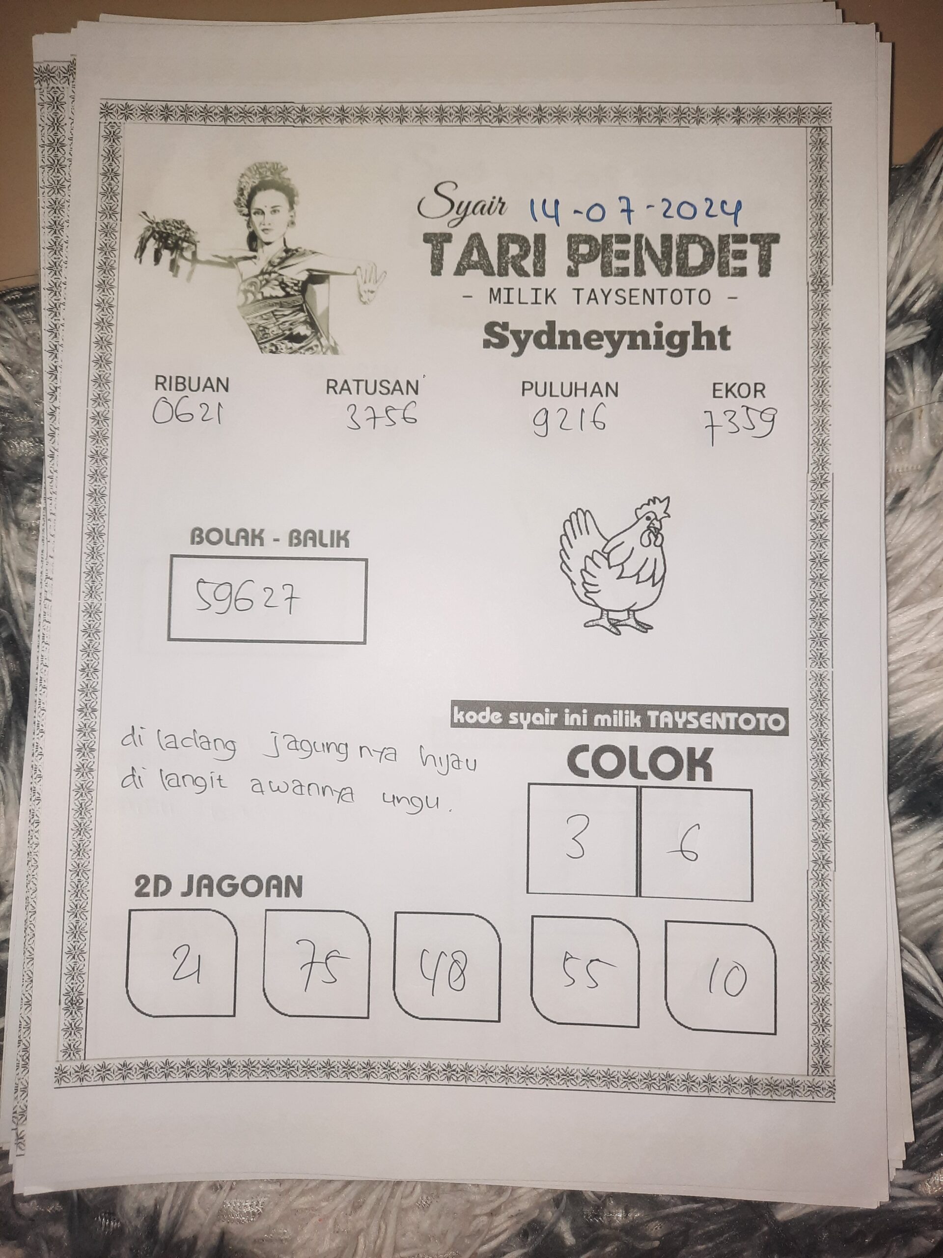 Syair Tari Pendet SydneyNight Hari ini 14 Juli 2024