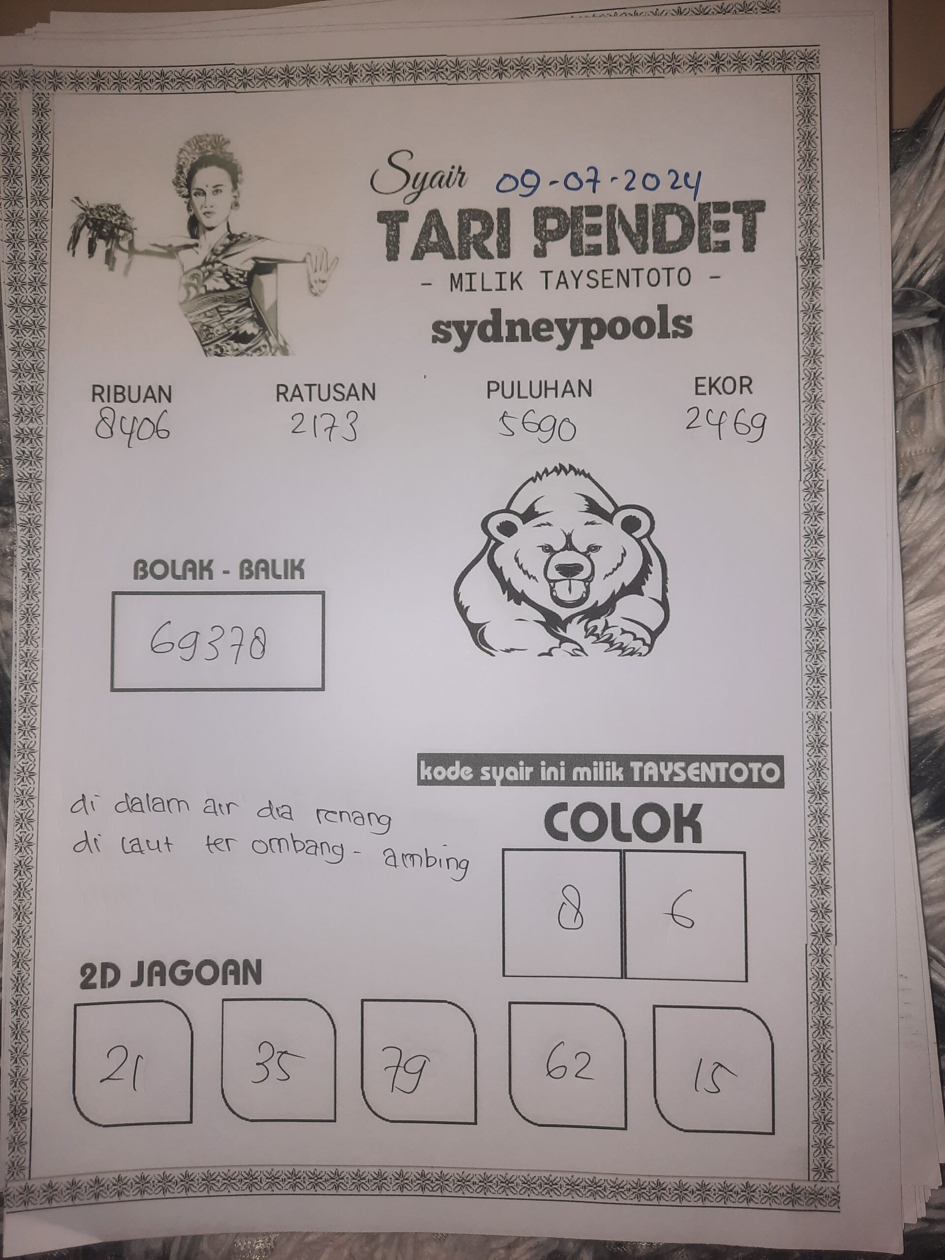 Syair Tari Pendet Sydney Hari ini 09 Juli 2024