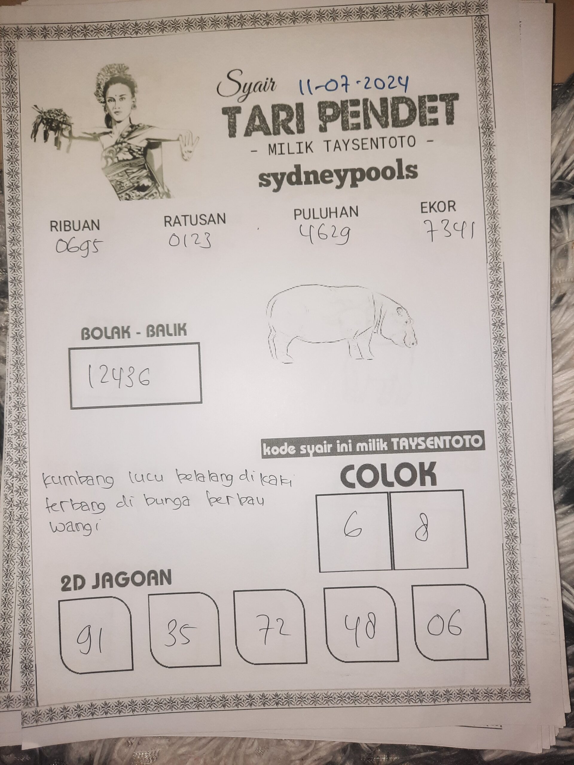 Syair Tari Pendet Sydney Hari ini 11 Juli 2024